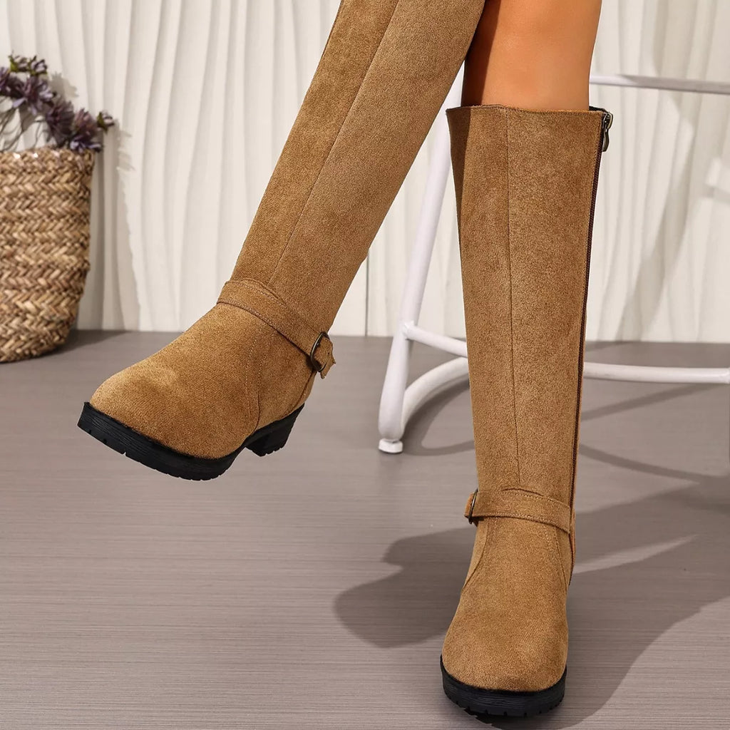 Knee-High Suede Buckle Accent Boots