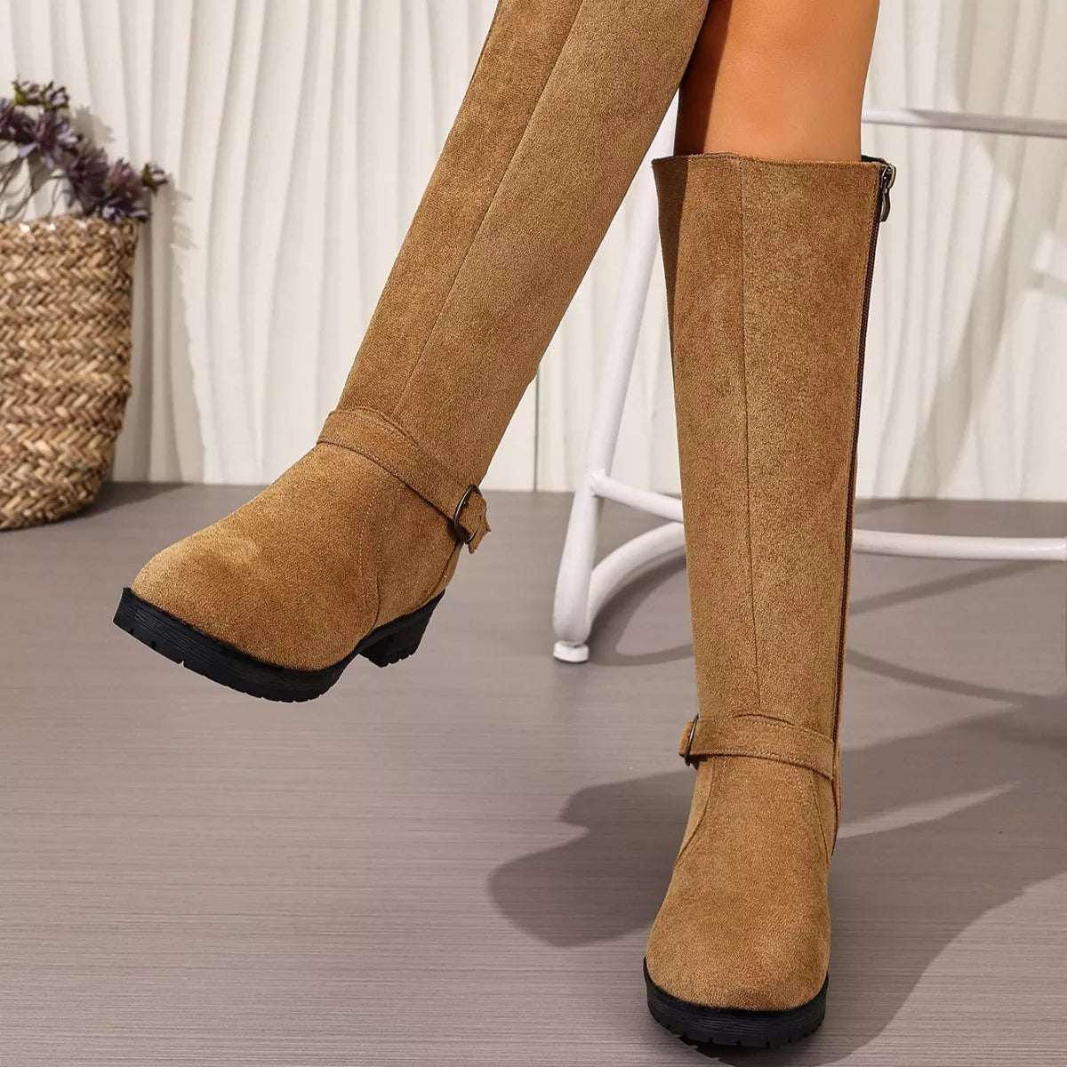 Knee-High Suede Buckle Accent Boots