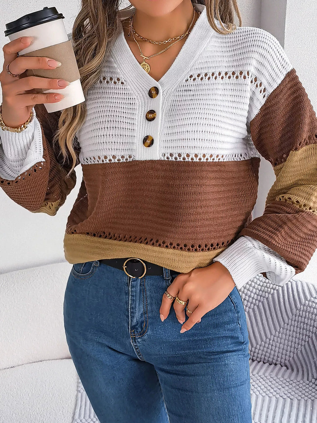 Color Block Striped V-Neck Button Detail Sweater