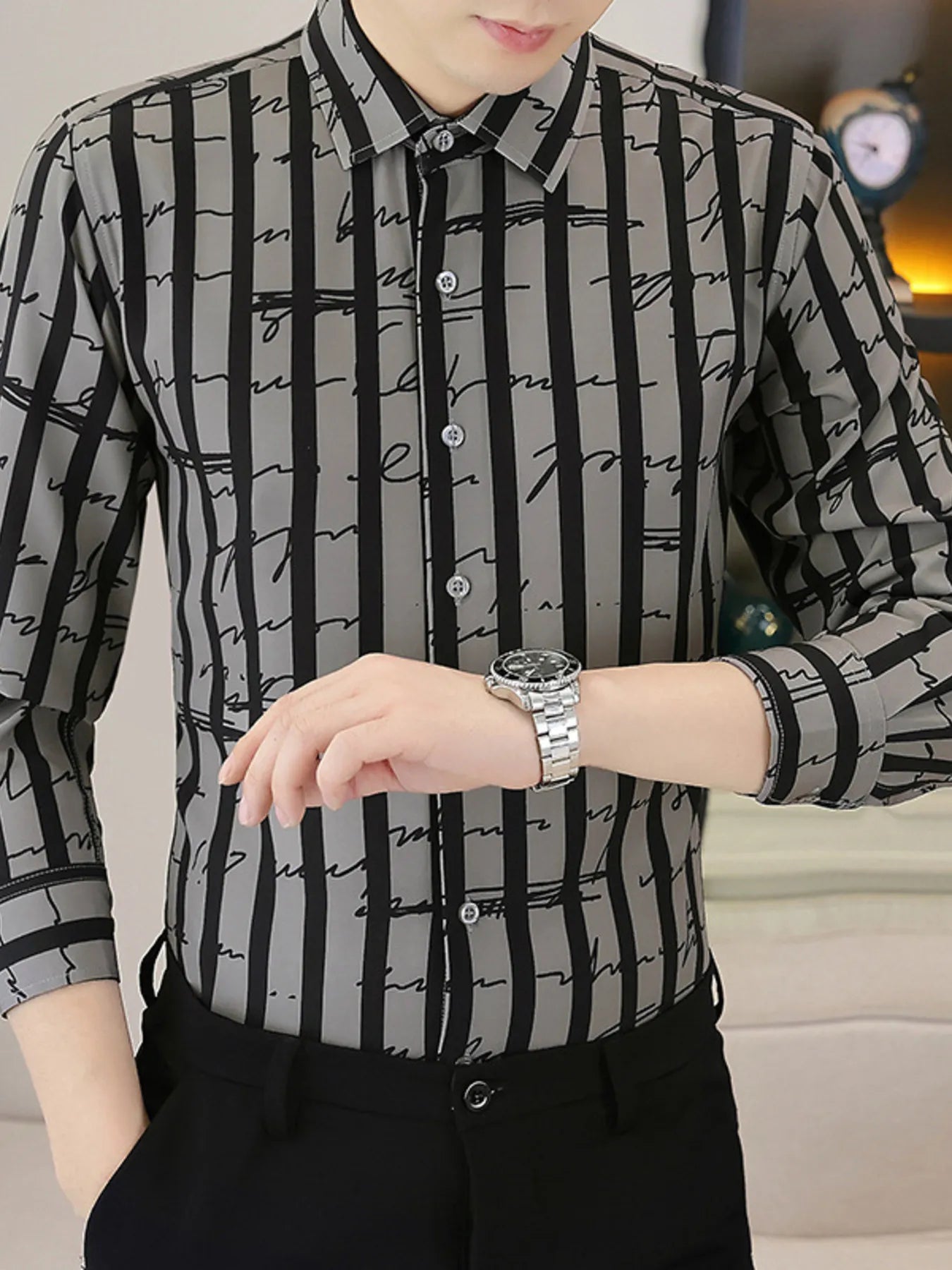 Men's Plus Size Striped Button Up Long Sleeve Shirt