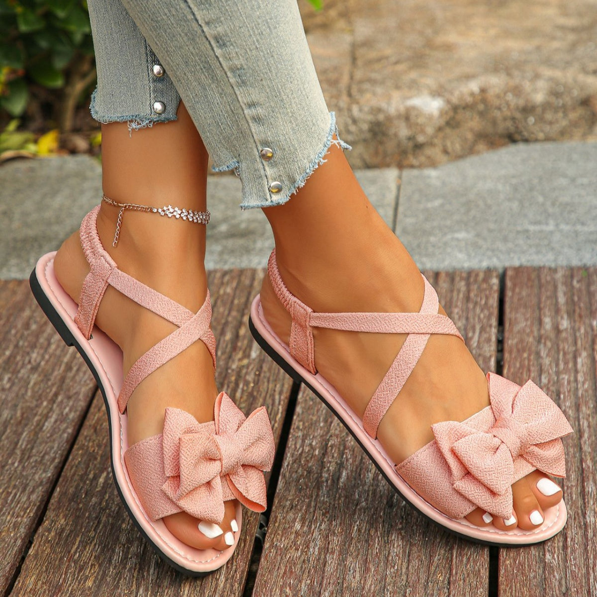 Bow-Decor Crisscross Ankle Strap Sandals