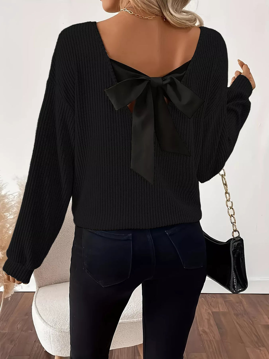 Full Size Ribbed Knit Backless Bow T-Shirt Plus Size