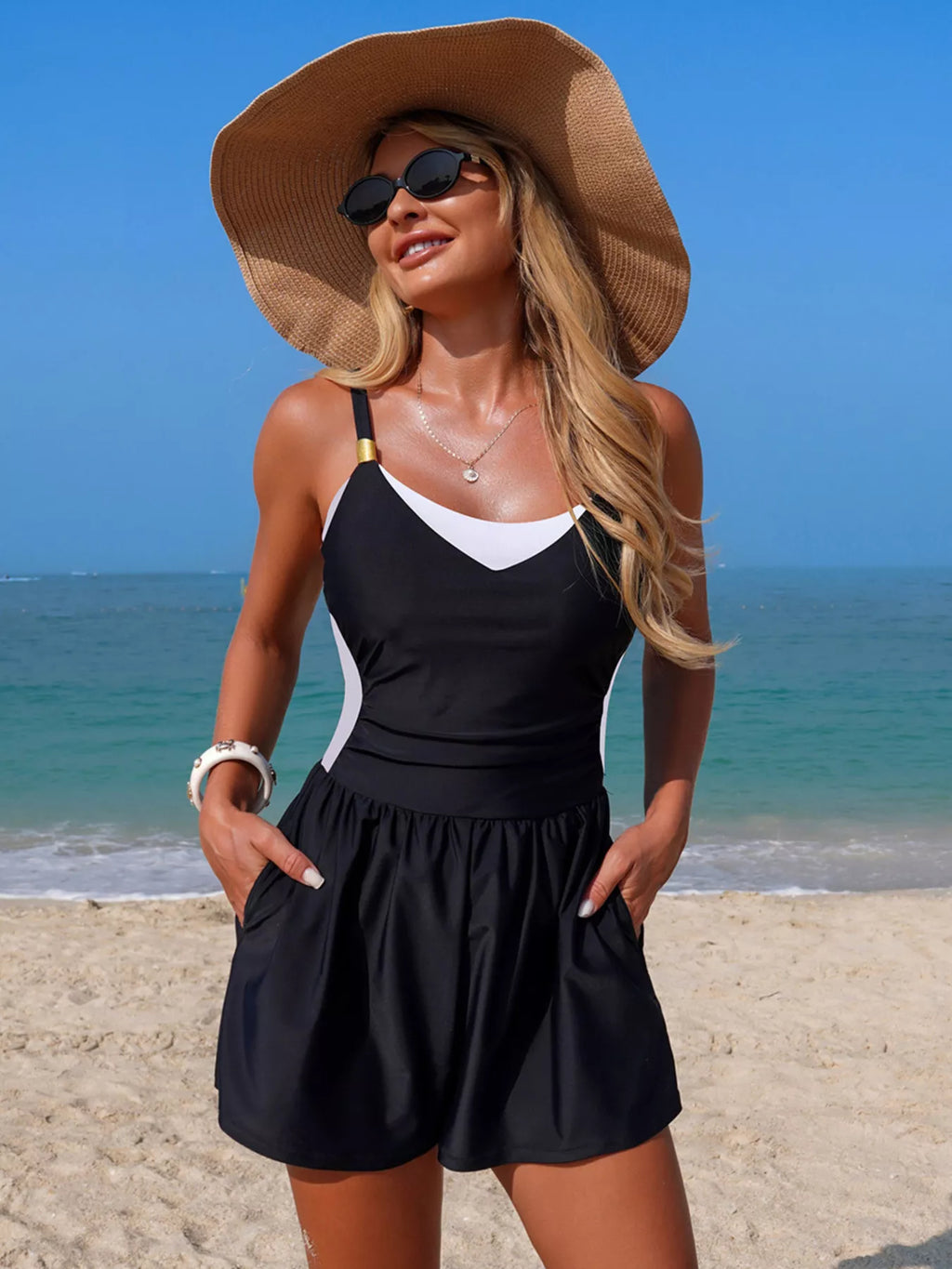 Color Block Adjustable Strap One-Piece Swimsuit