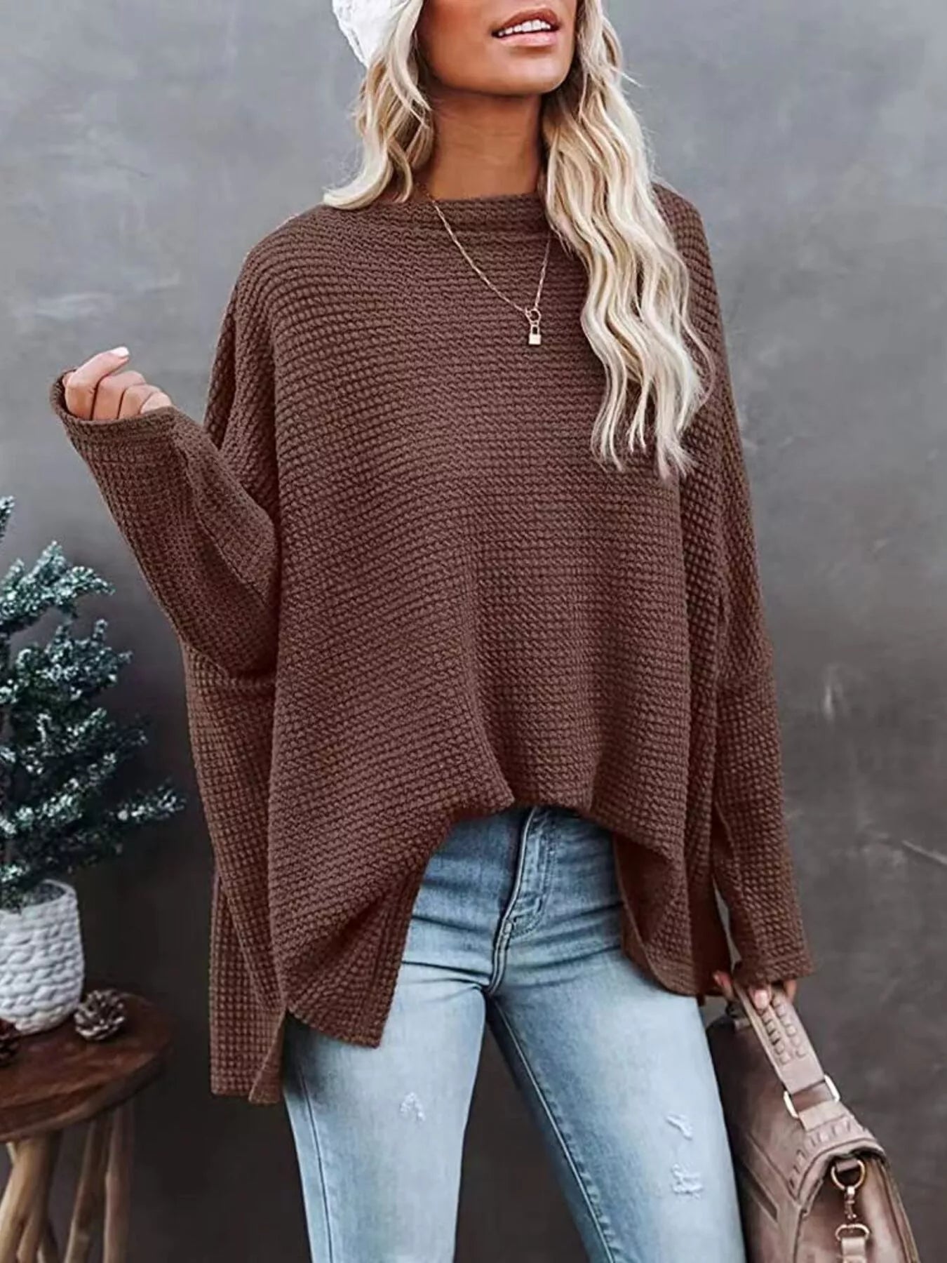 Waffle Knit Boat Neck T-Shirt