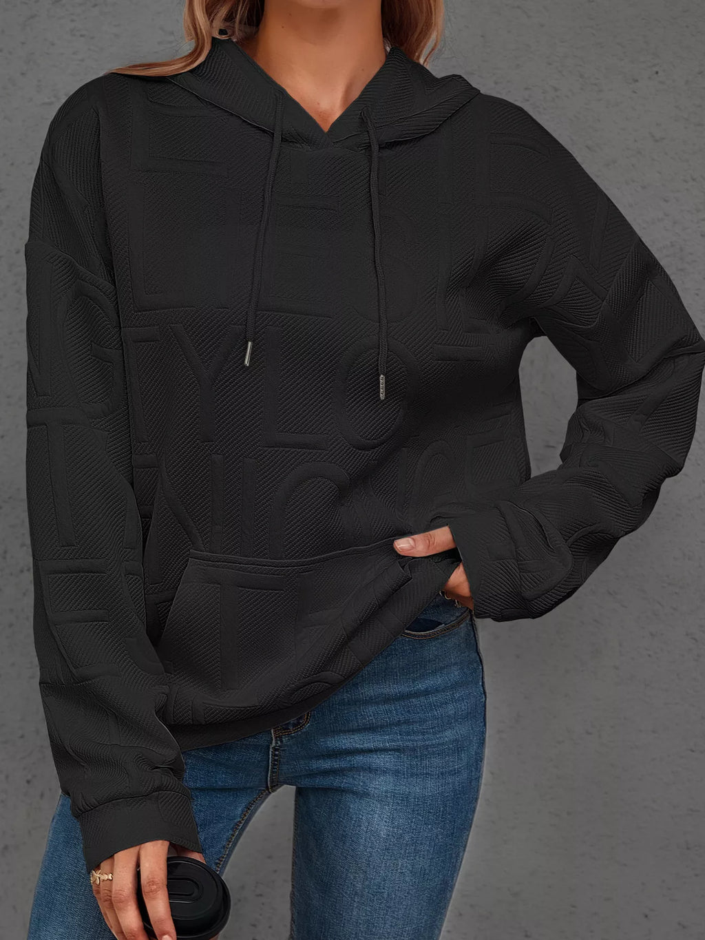 Full Size Textured Embossed Long Sleeve Hoodie Plus Size