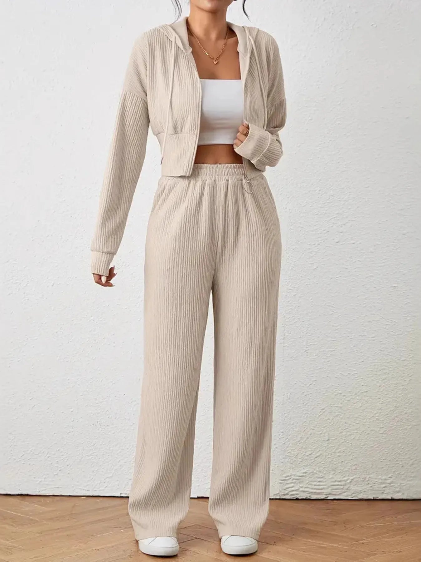 Drawstring Zip Up Hooded Top and Pants Set