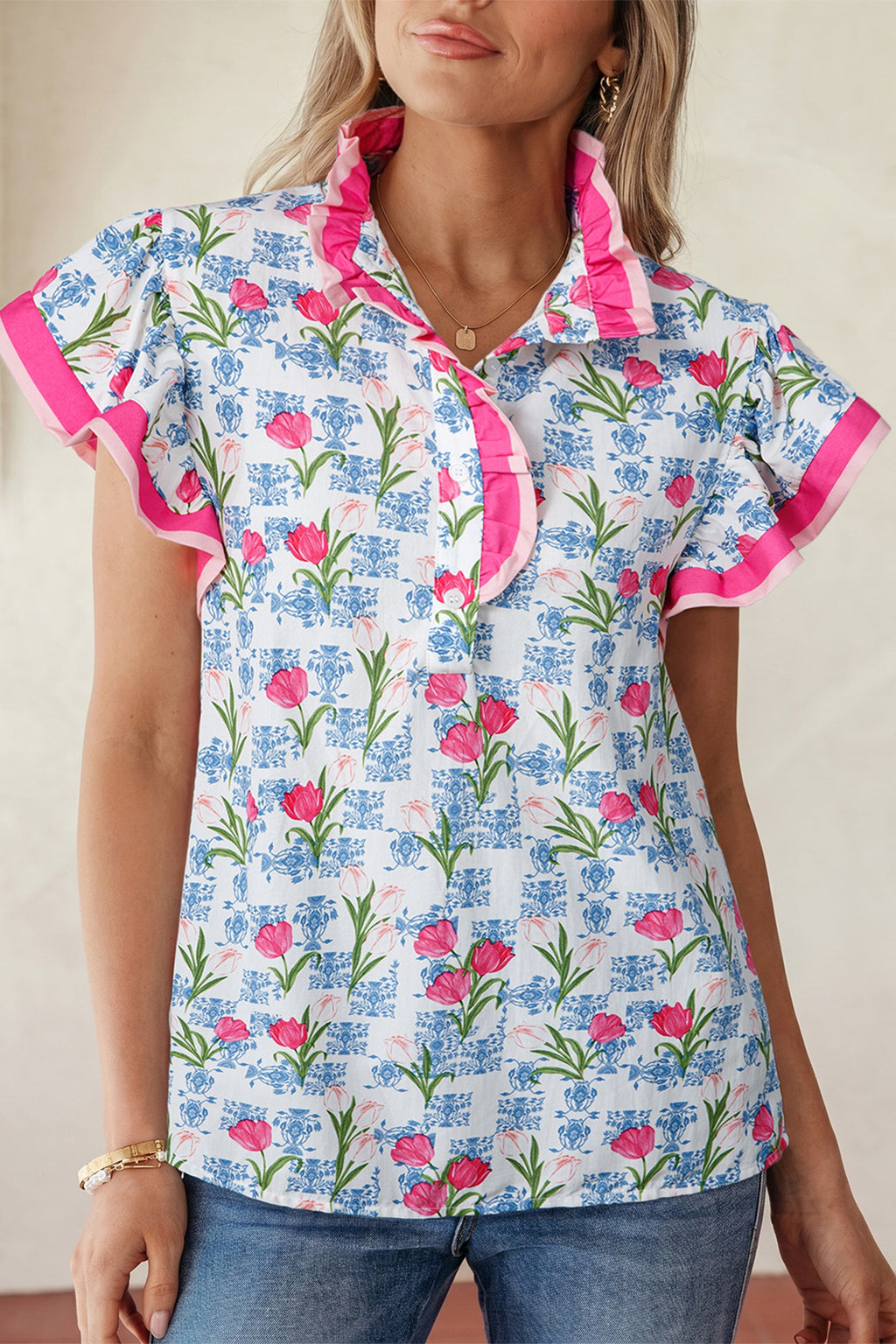 Floral Colorblock Flutter Sleeve Half Button Blouse