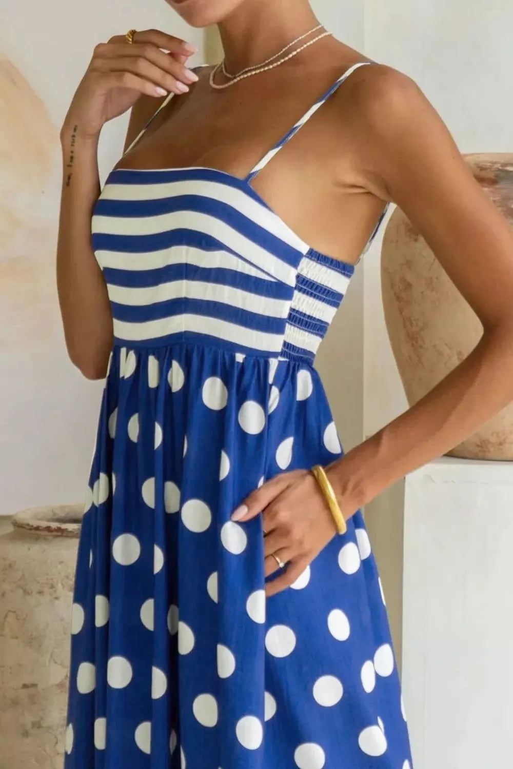 Striped Polka Dot Patchwork High Waist Spaghetti Straps Maxi Dress