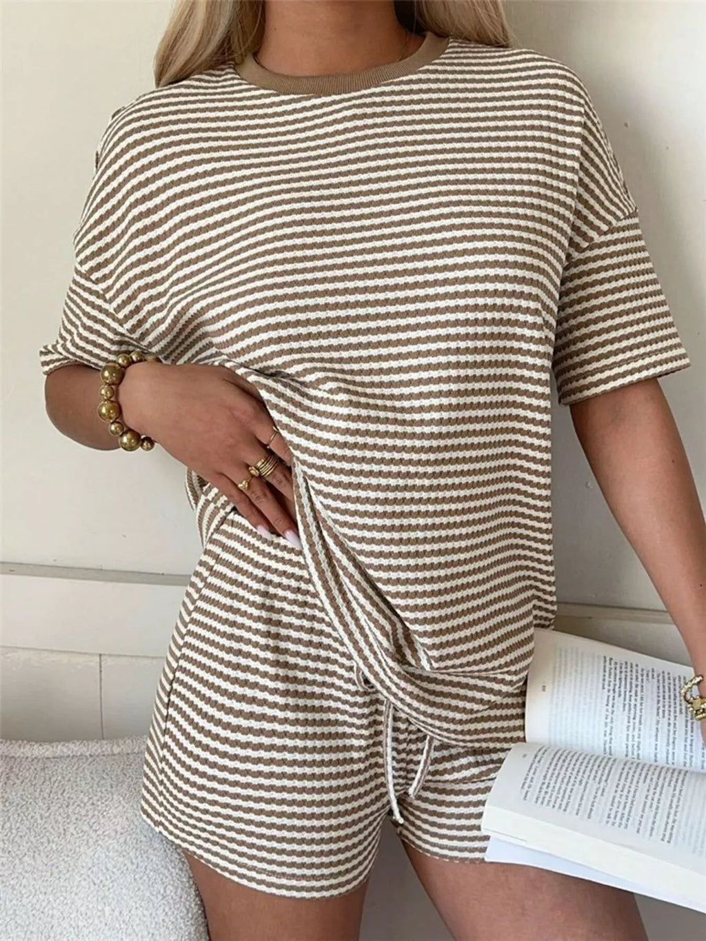 Striped Round Neck Tee and Shorts Set
