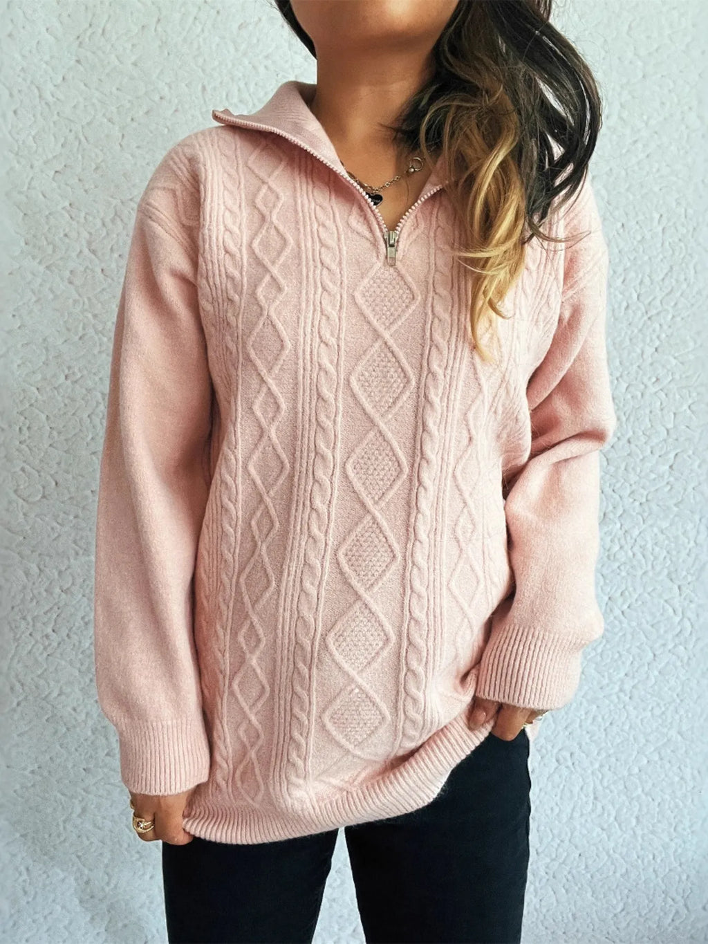 Texture Zip Collar Long Sleeve Sweater