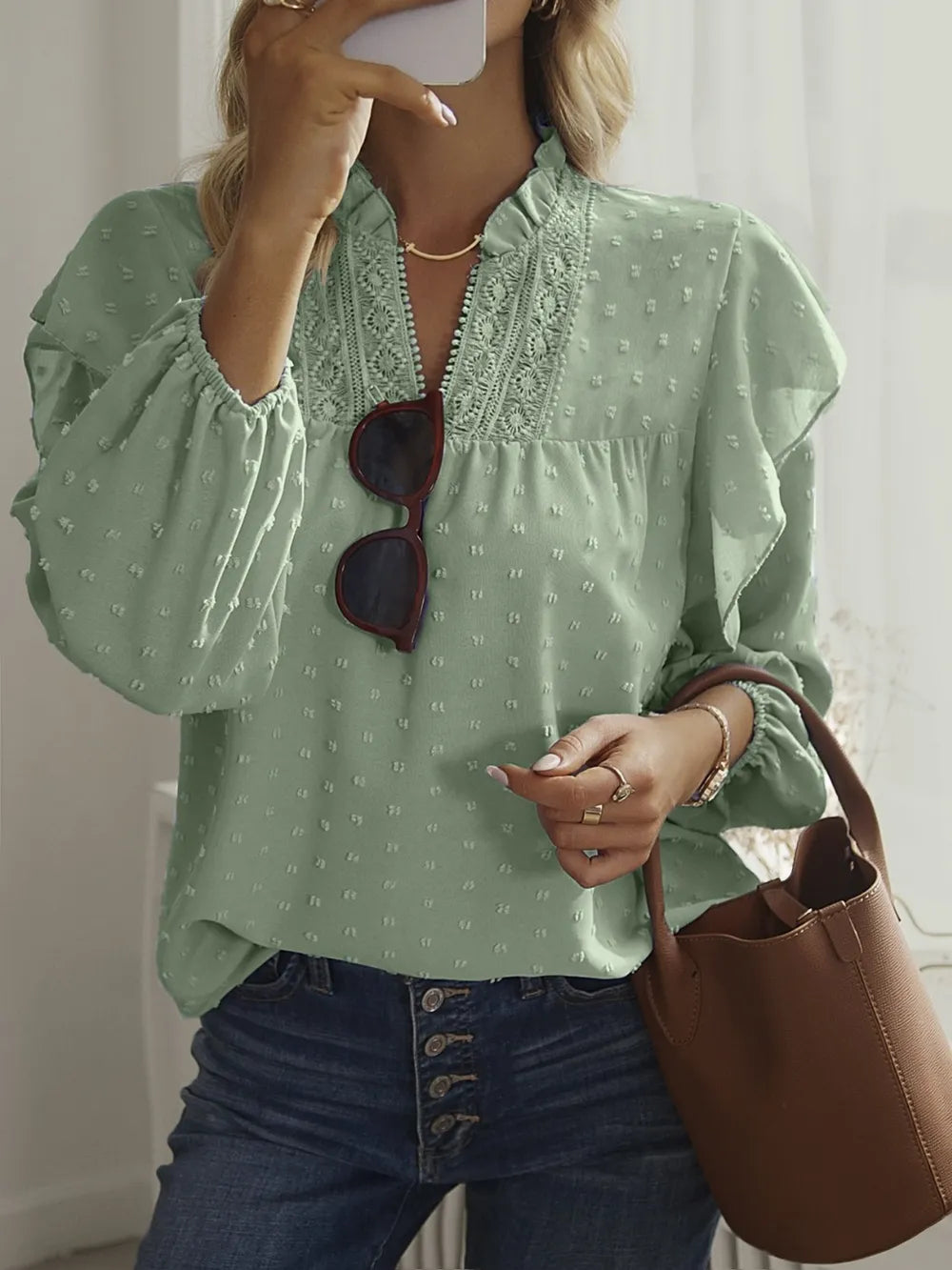 Swiss Dot Ruffled Long Sleeve Blouse