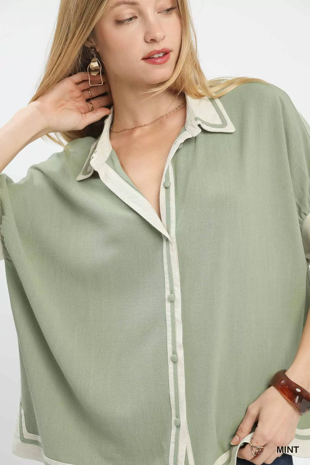 Umgee Linen Button Front Top with Contrast Piping