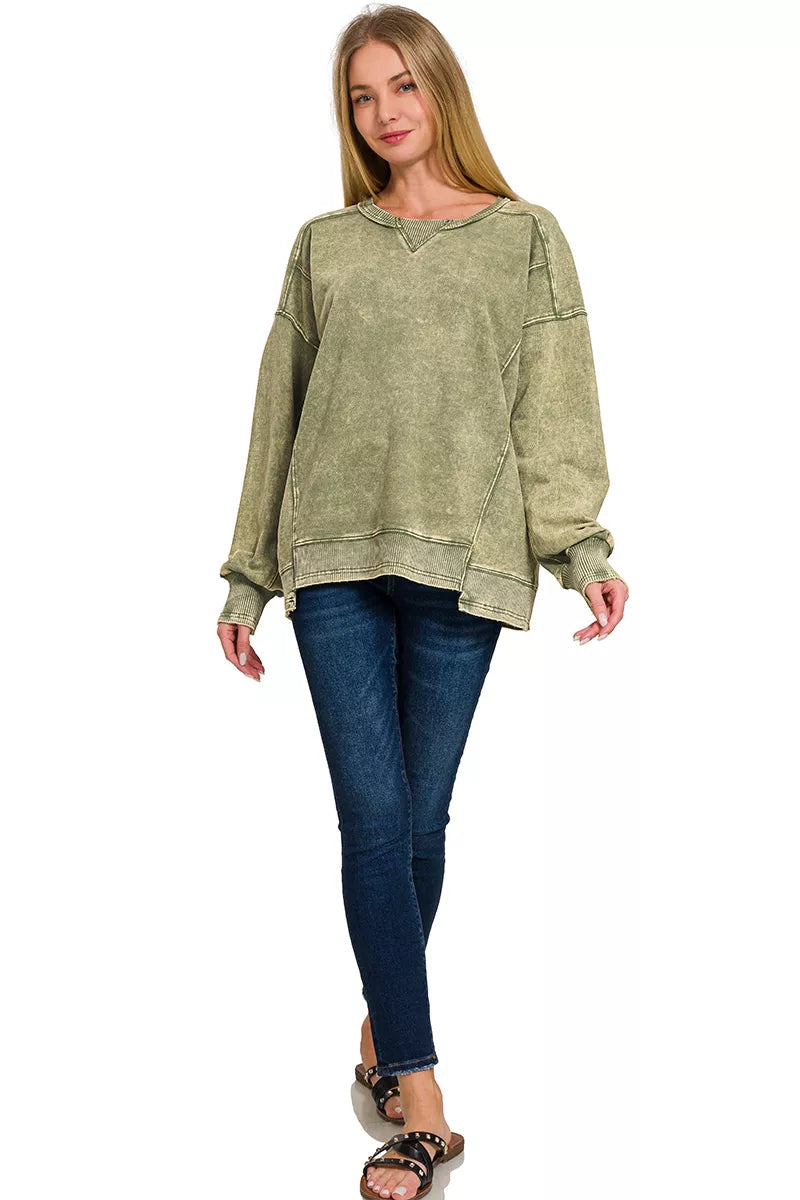 Zenana French Terry Acid Wash Pullover