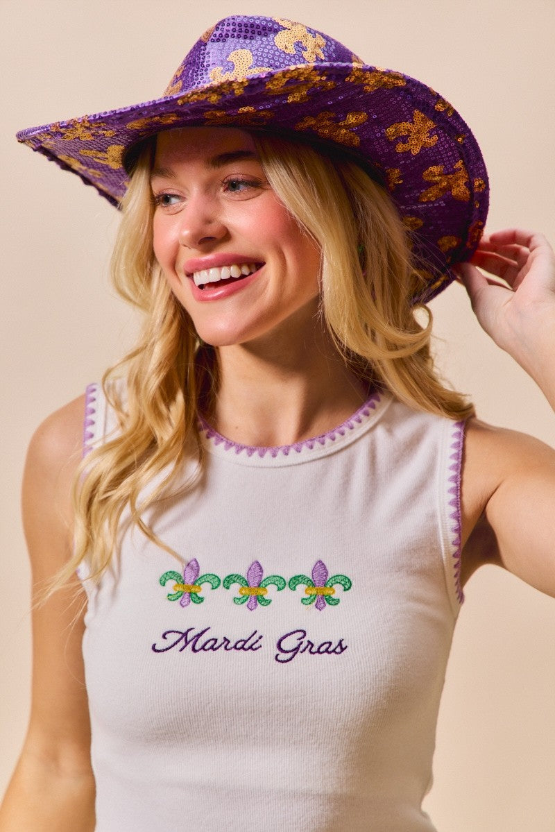 SO ME Mardi Gras Tank Top With Contrast Blanket Stitch