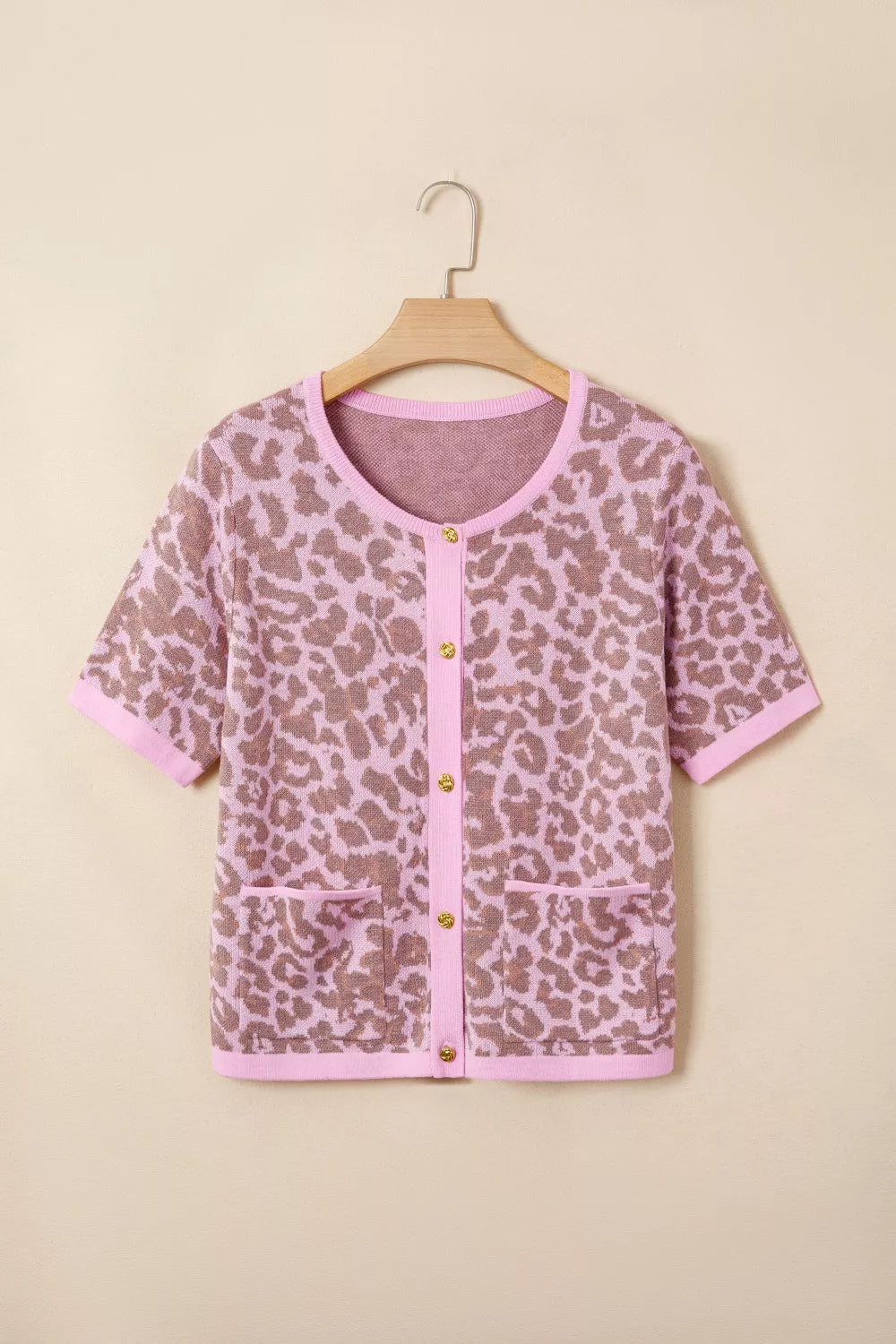 Leopard Button Down Short Sleeve Sweater Cardigan