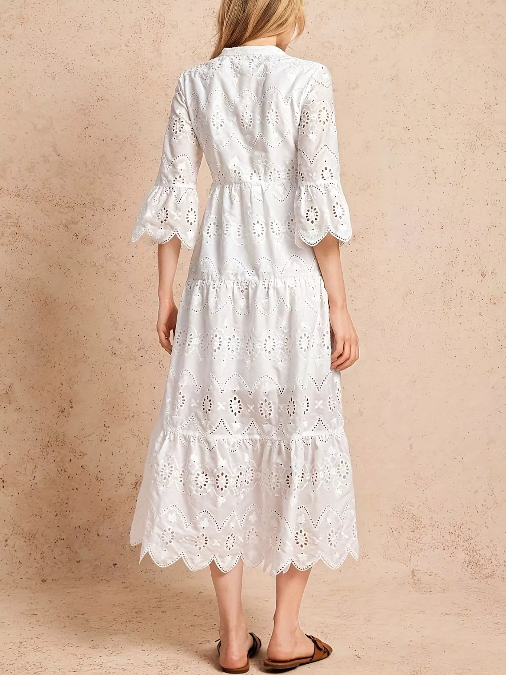Eyelet Notched Tiered Midi Dress