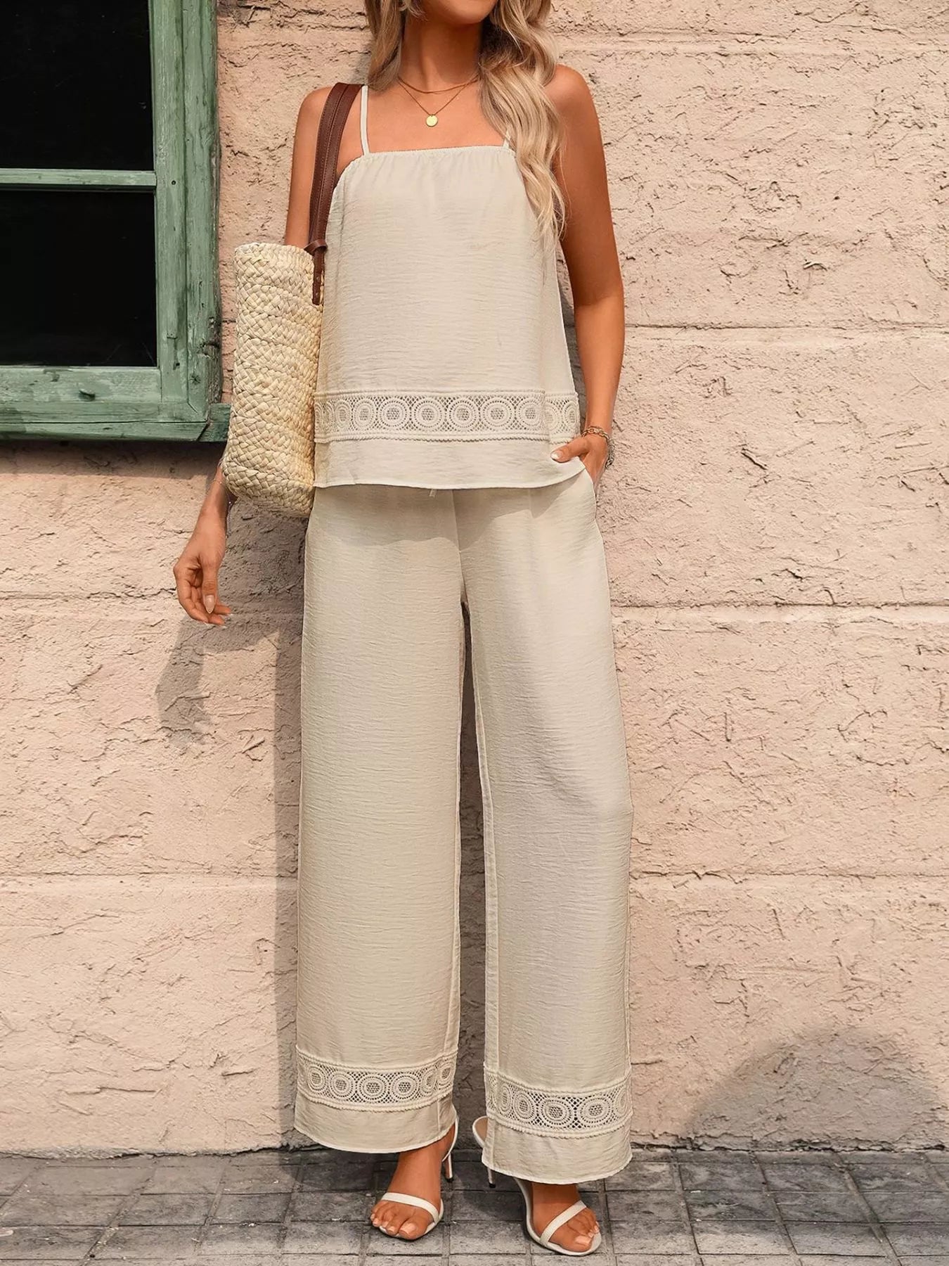 Lace Trim Cami and Wide Leg Pants Set