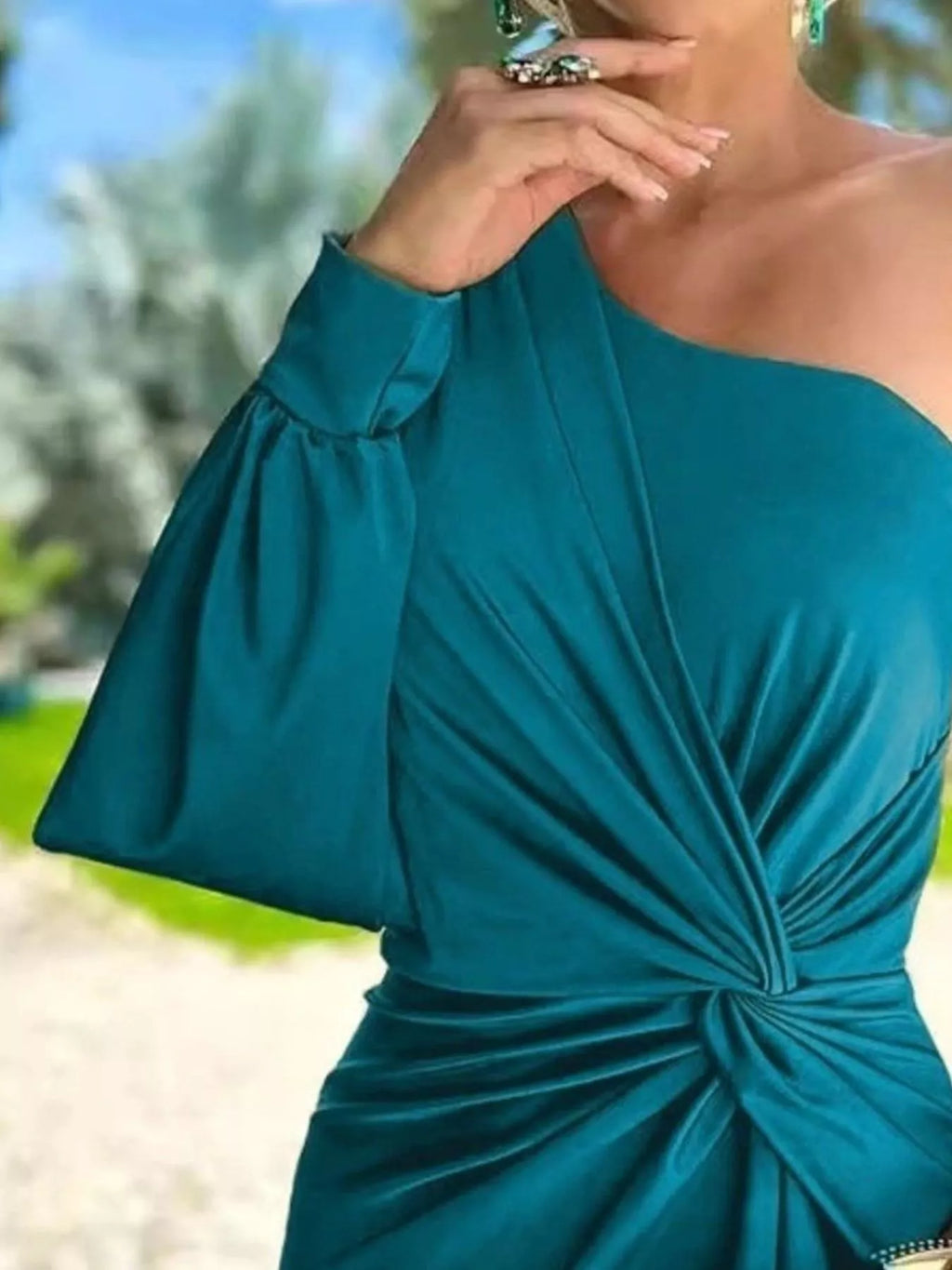 Full Size One-Shoulder Knot Detail Slit Maxi Dress Plus Size