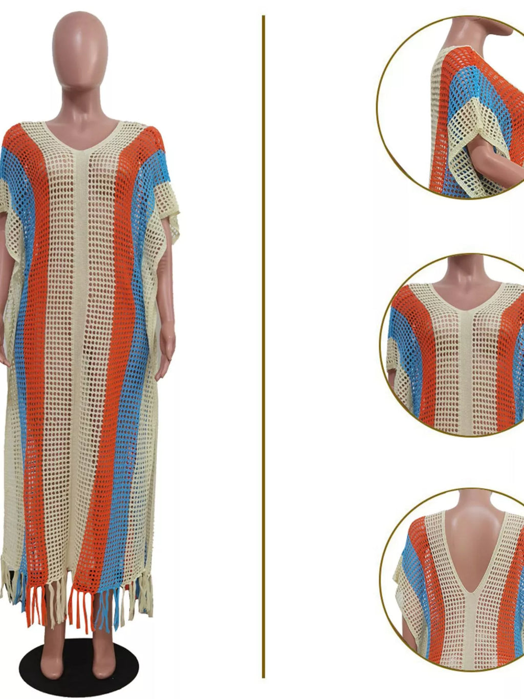 Striped Crochet Cover-Up Dress with Fringe