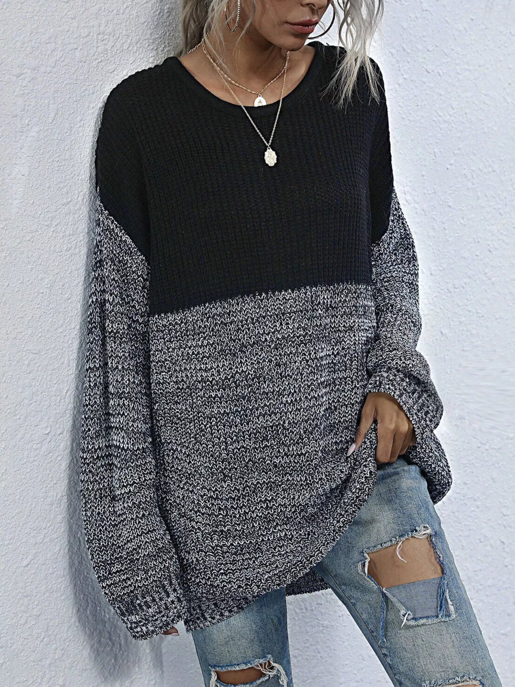 Color Block Long Sleeve Oversized Sweater