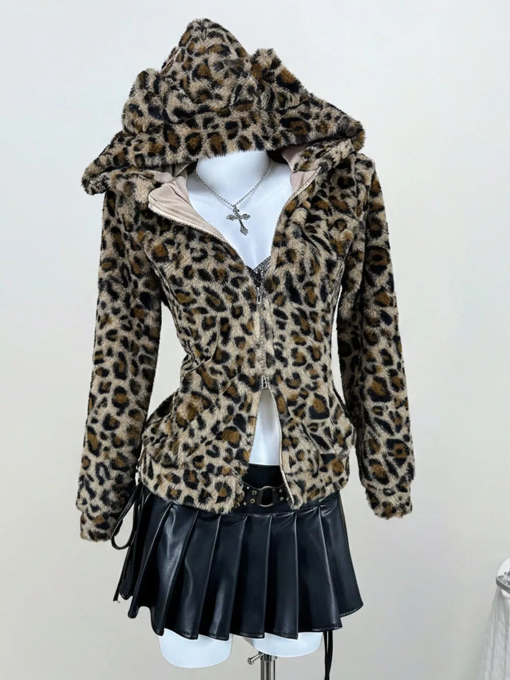 Leopard Plush Zip-Up Hooded Outerwear