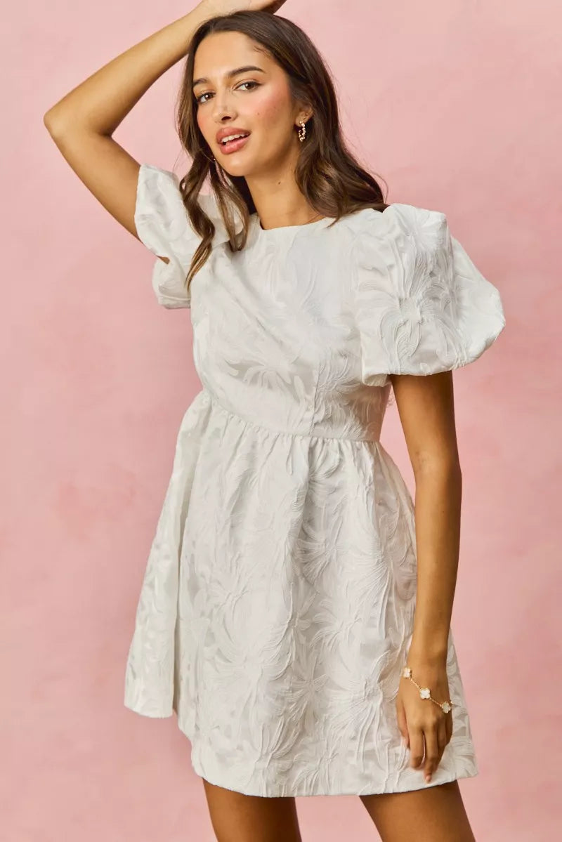 SO ME Floral Jacquard Bubble Shorts Sleeves Mini Dress