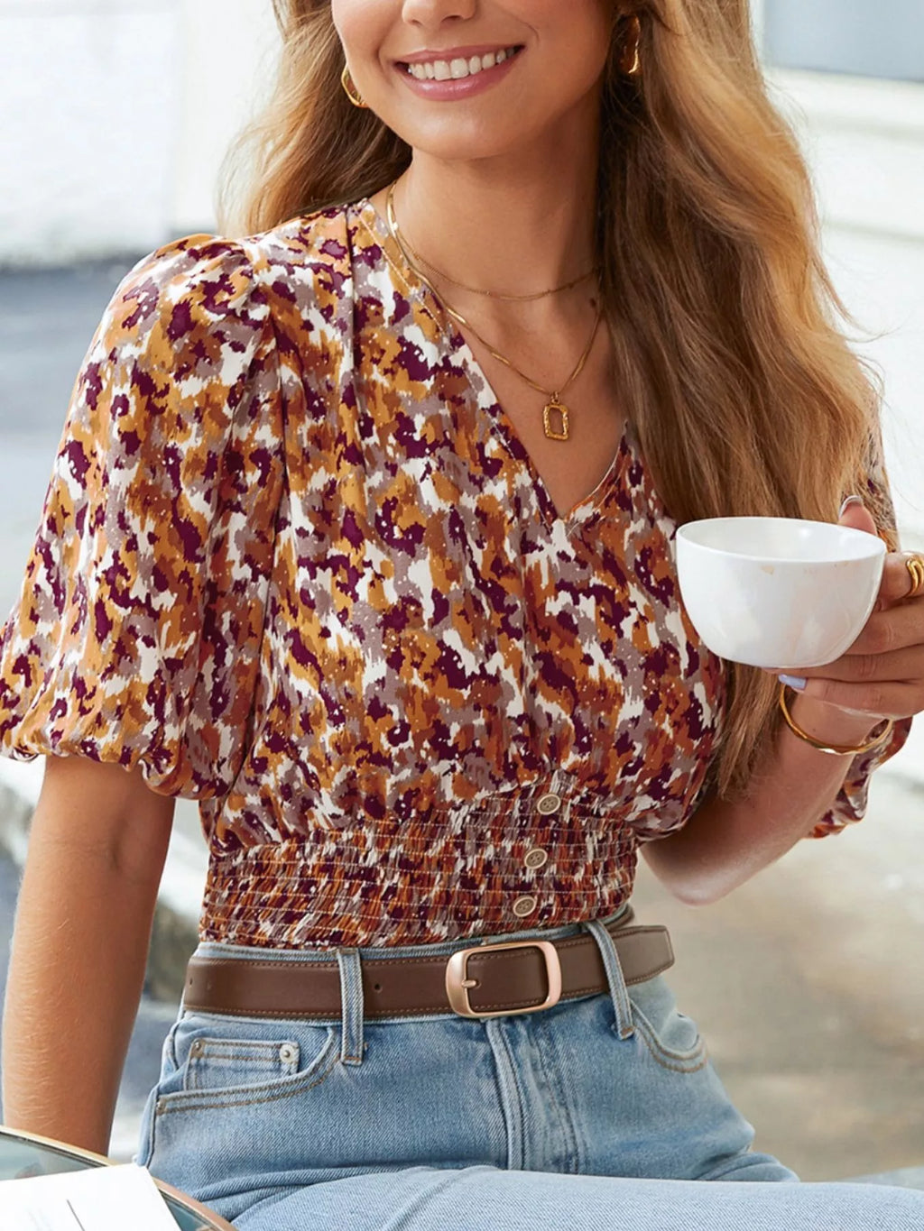 Abstract Print V Neck Smocked Babydoll Blouse
