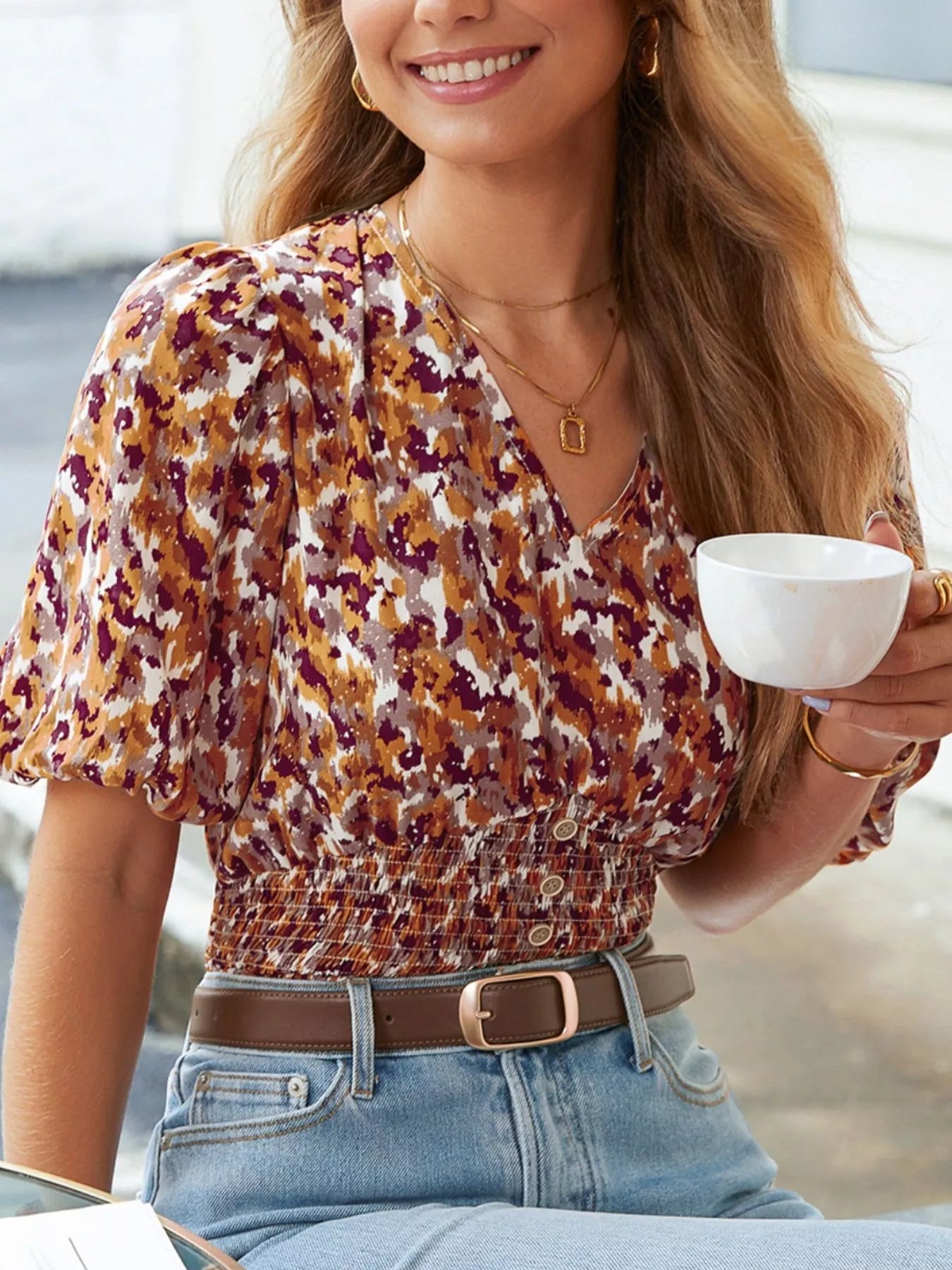 Abstract Print V Neck Smocked Babydoll Blouse