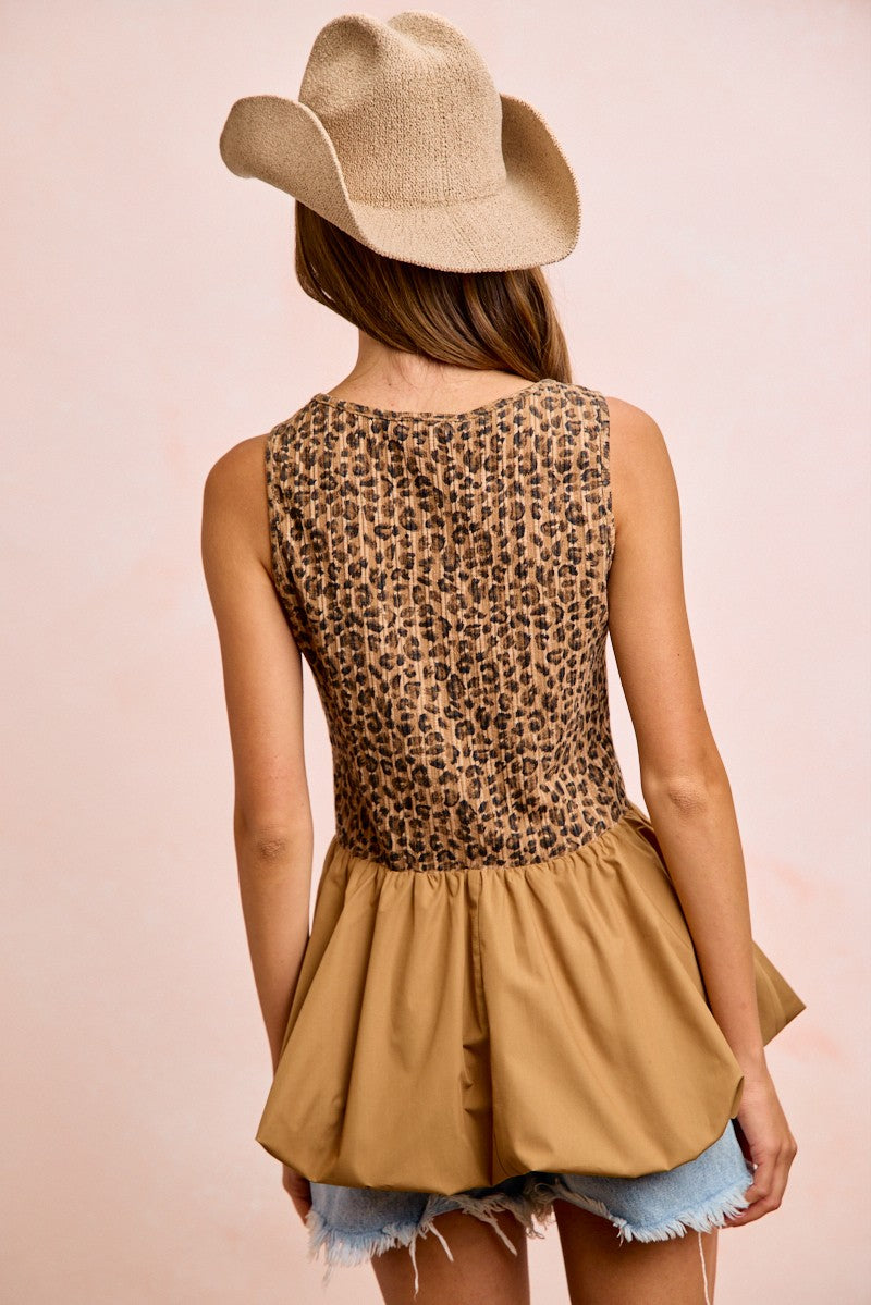 BiBi Rib Textured Leopard Sleeveless Bubble Peplum Top