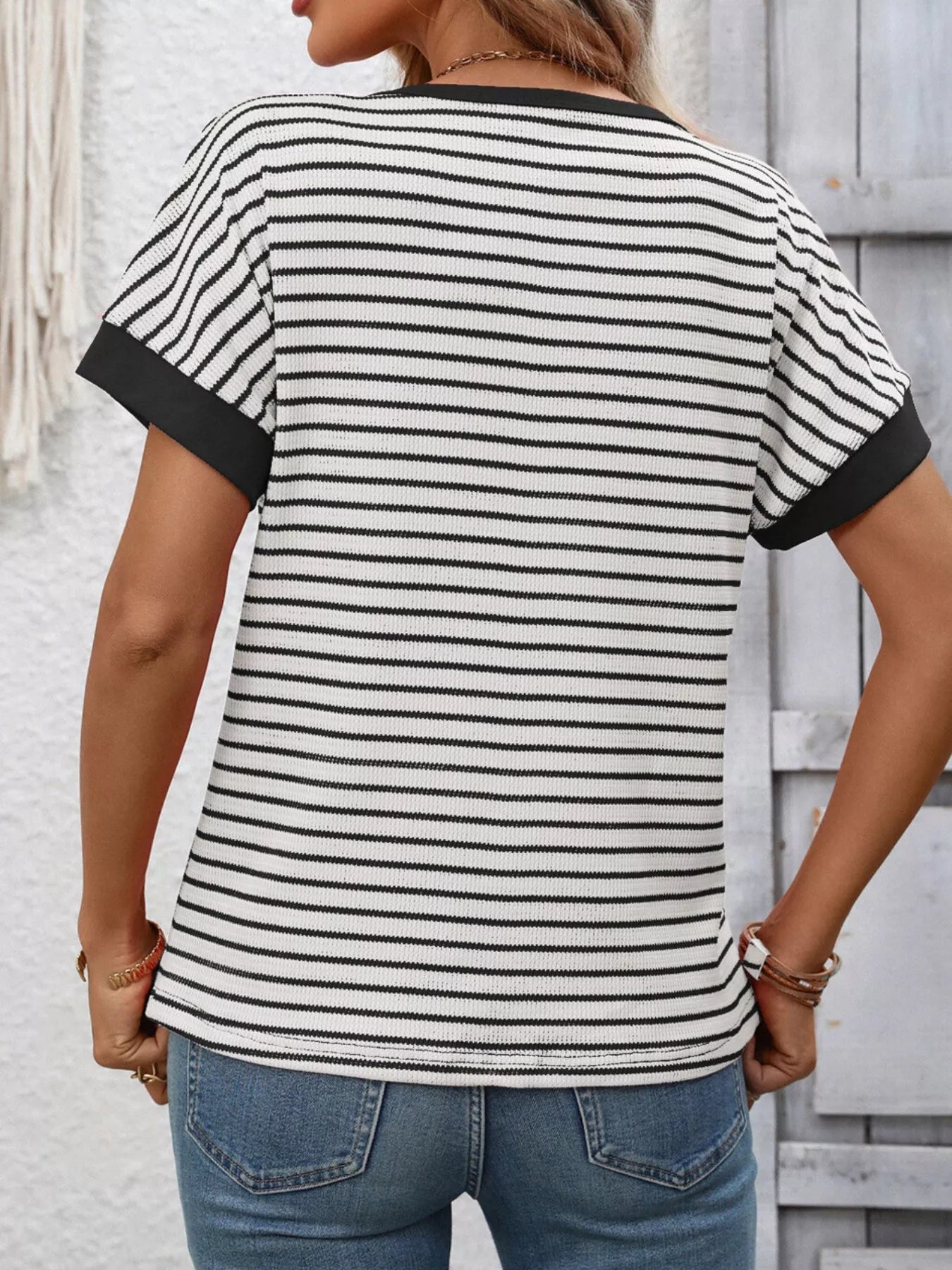 Striped Ribbed Knit Short Sleeve T-Shirt