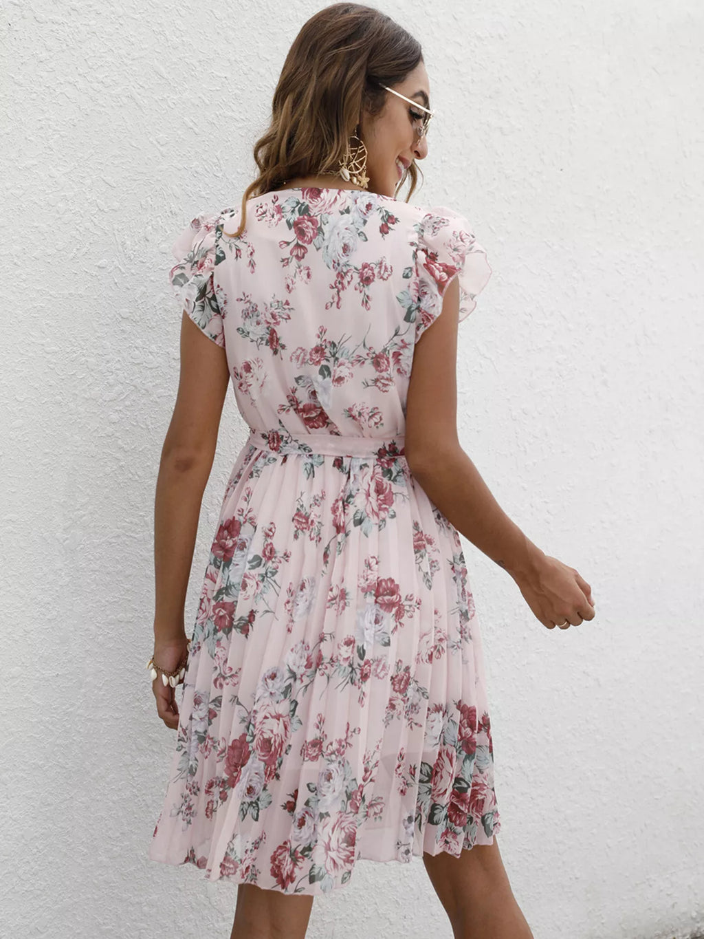 Pleated Floral Print Ruffle Sleeve Dress