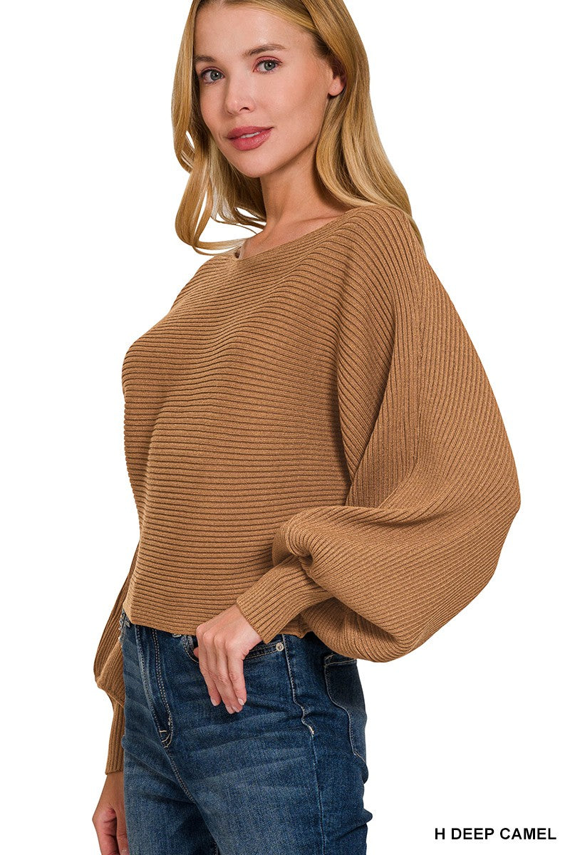 Zenana Boat Neck Balloon Sleeve Sweater