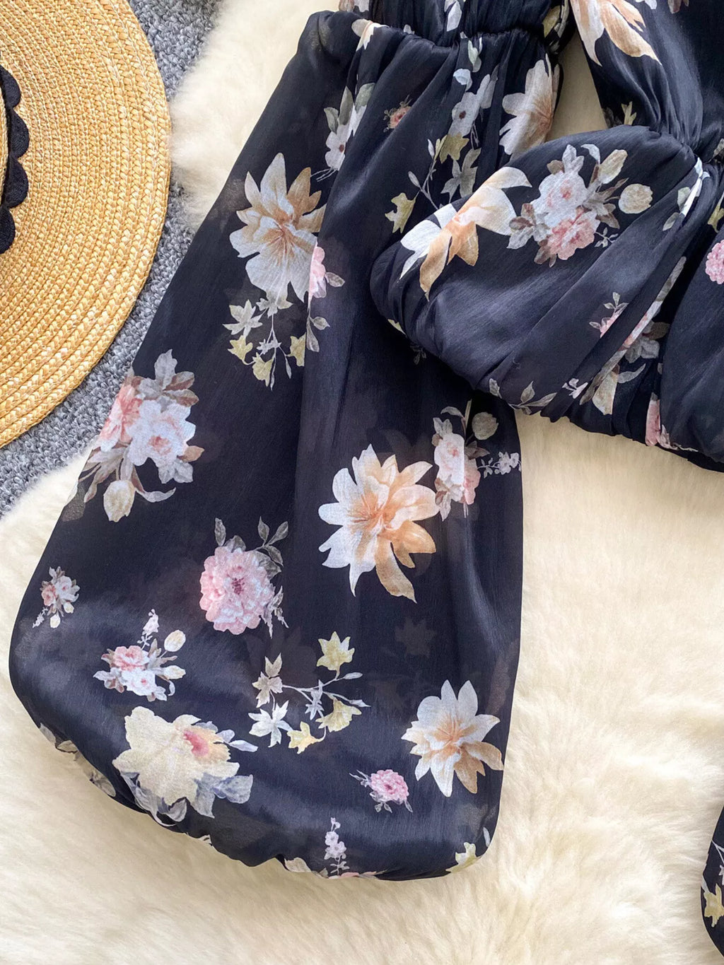 Floral Print Chiffon Balloon Sleeve Blouse