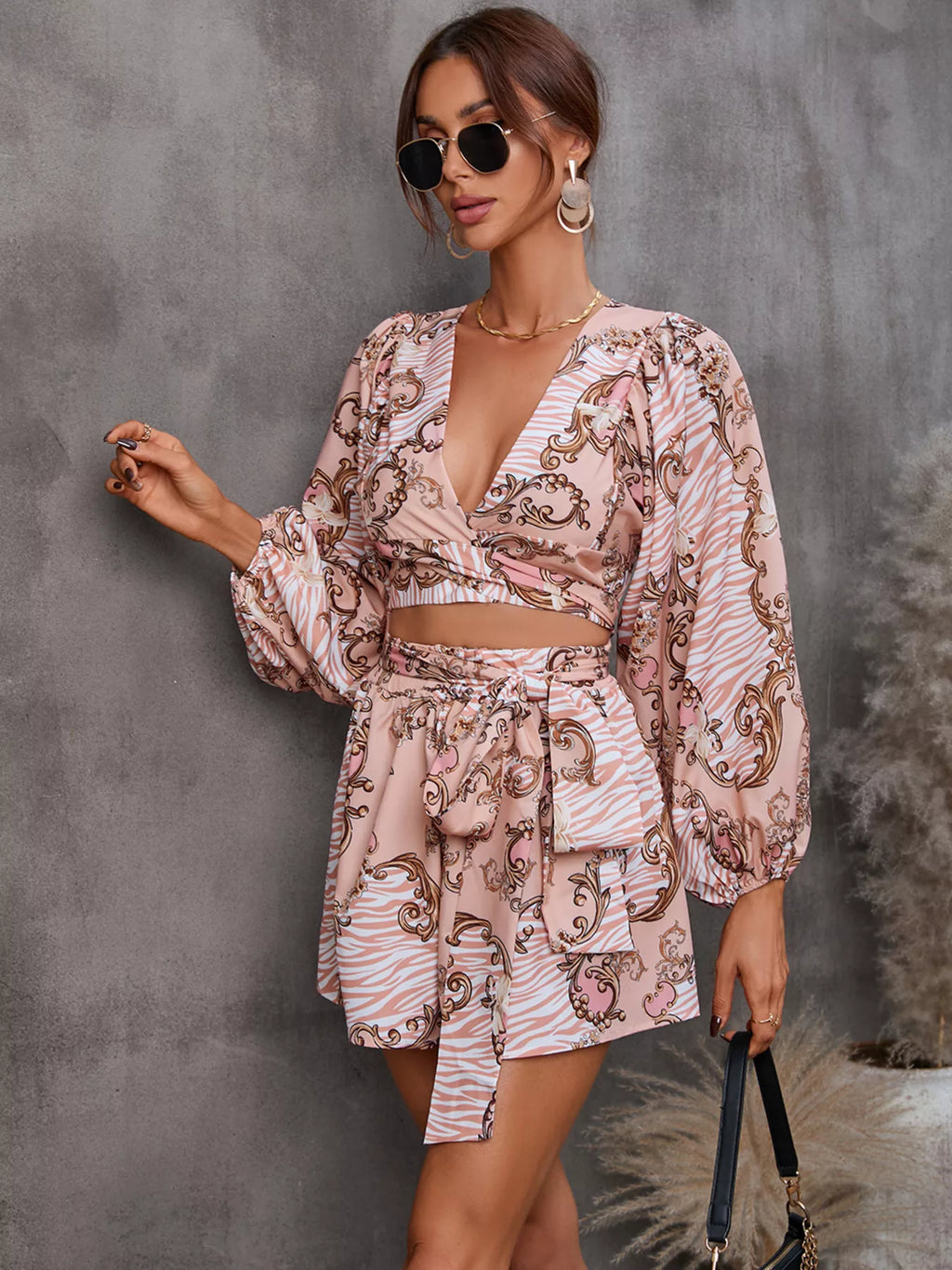 Cutout Front Printed Long Sleeve Romper