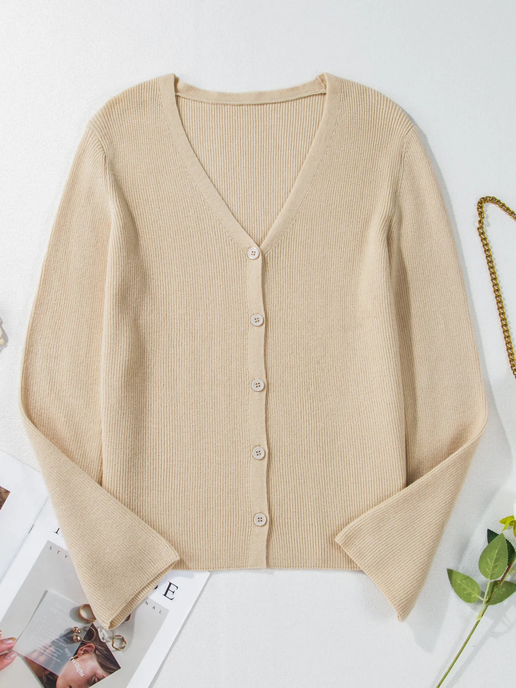 Ribbed Knit Button Front V Neck Cardigan