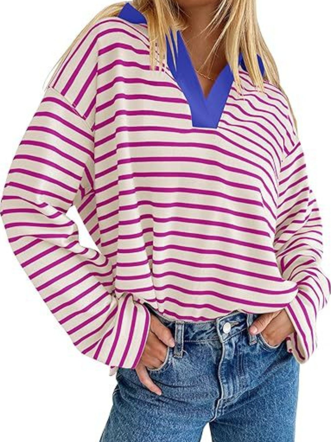 Striped Contrast Collar Long Sleeve Top