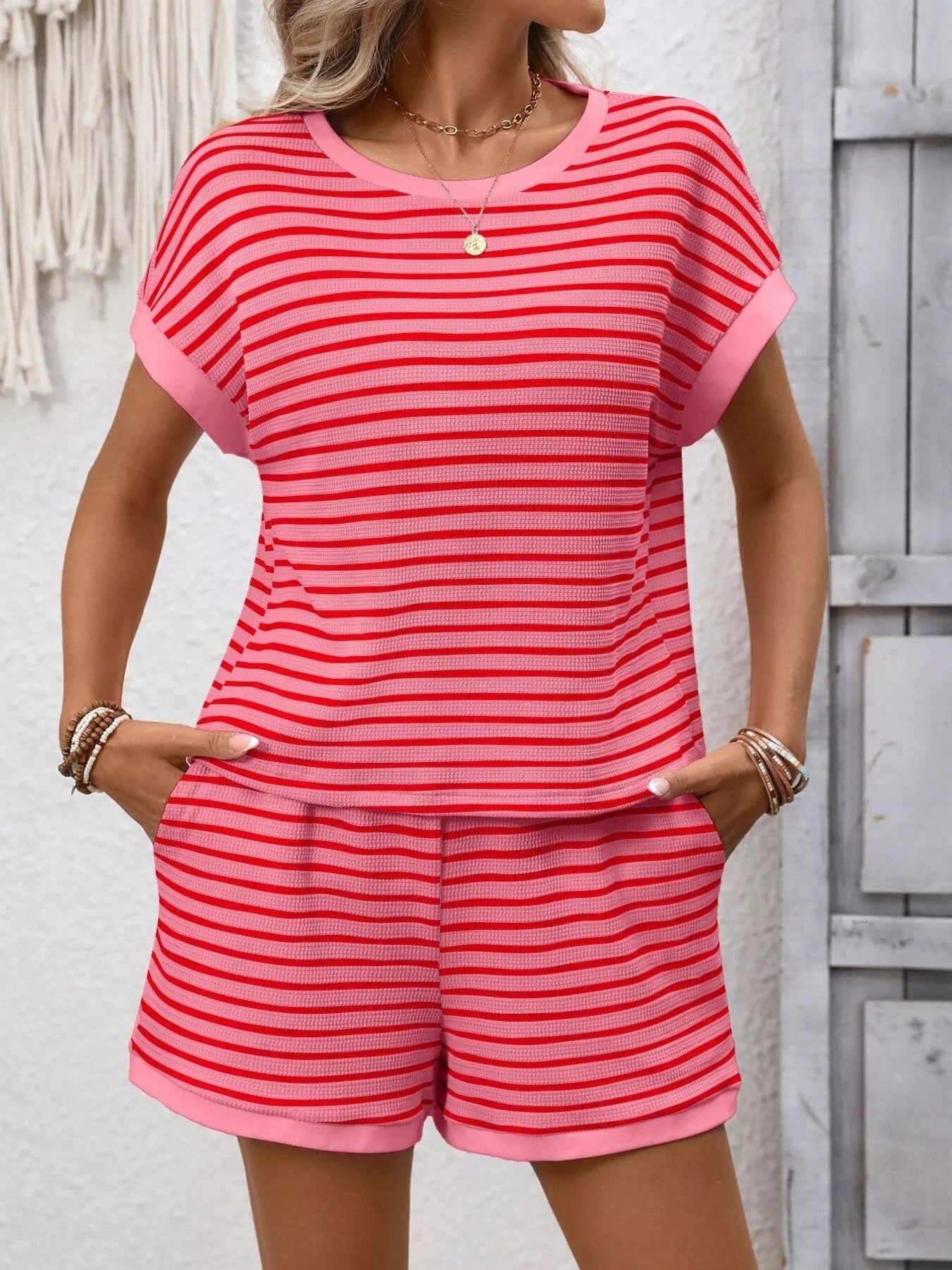 Striped Casual Round Neck Top and Shorts Set