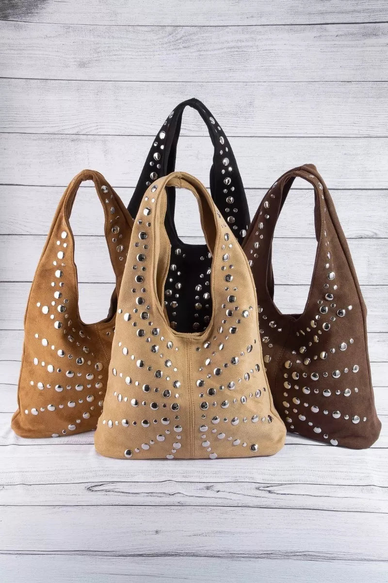 Fame Grommet Studded Suede Shoulder Bag