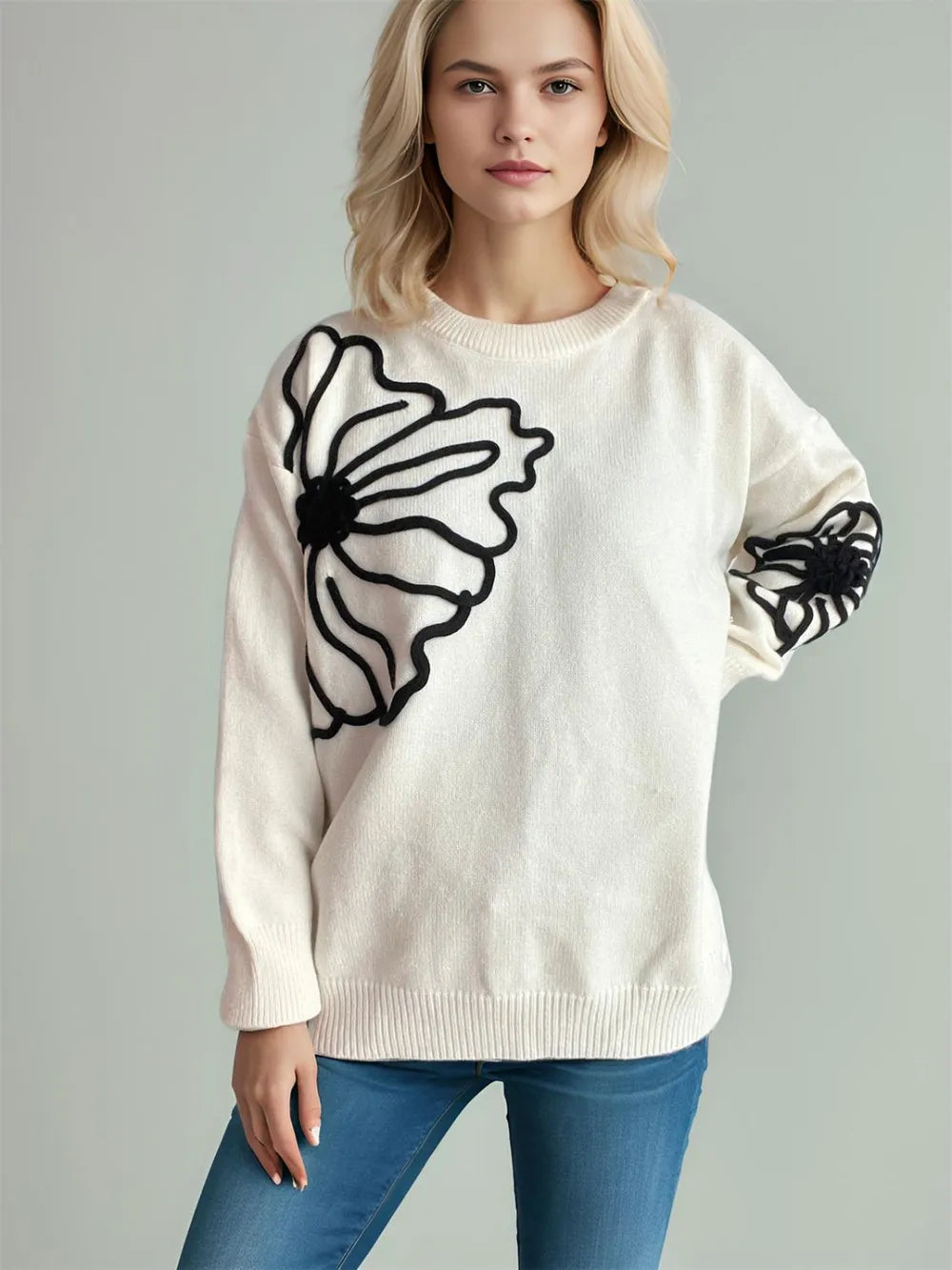 Flower Round Neck Long Sleeve Sweater