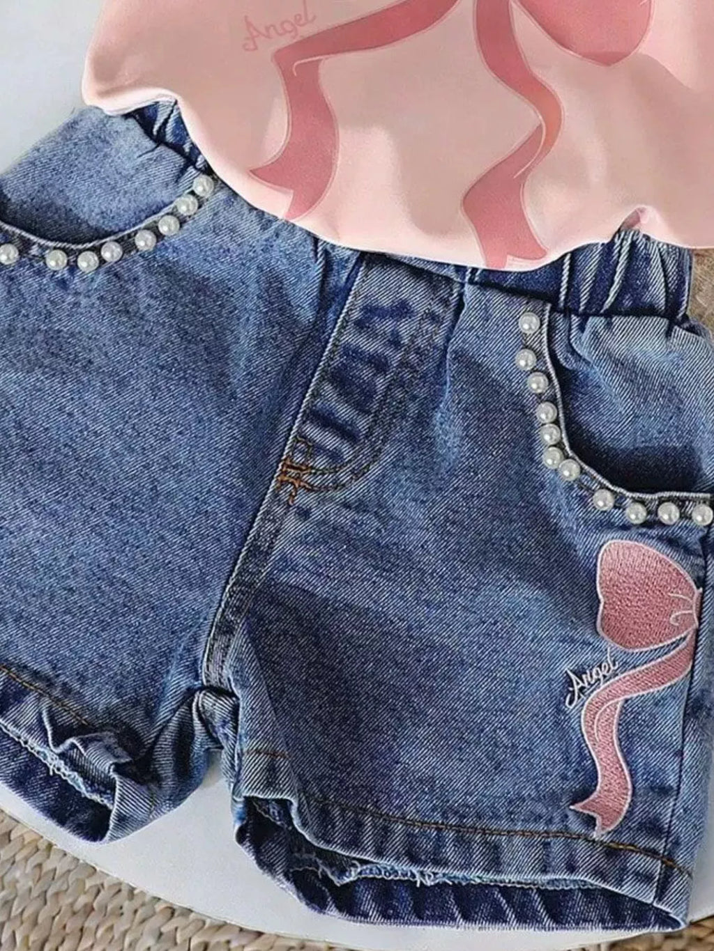 Children's Bowknot T-shirt and Denim Shorts Set