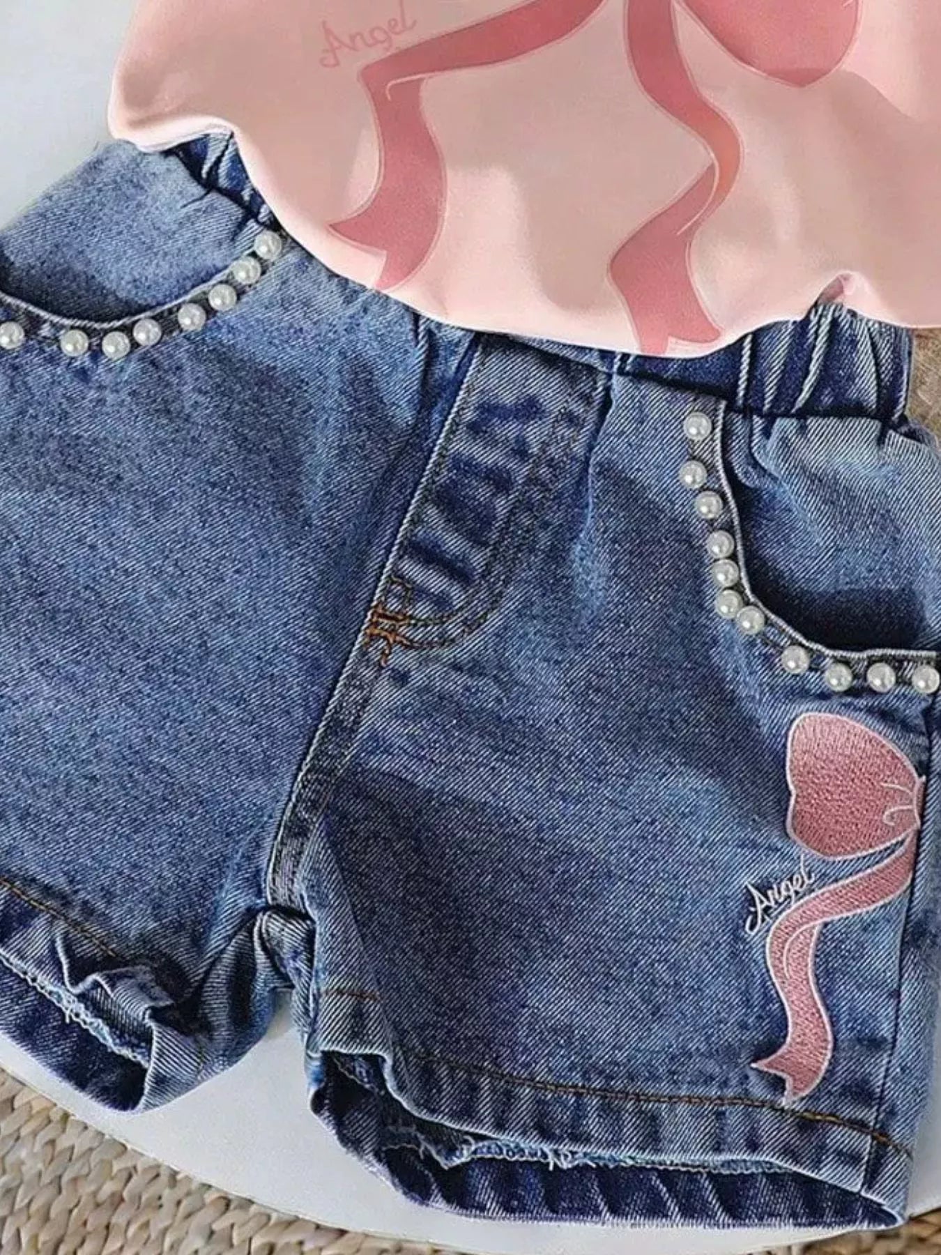 Children's Bowknot T-shirt and Denim Shorts Set