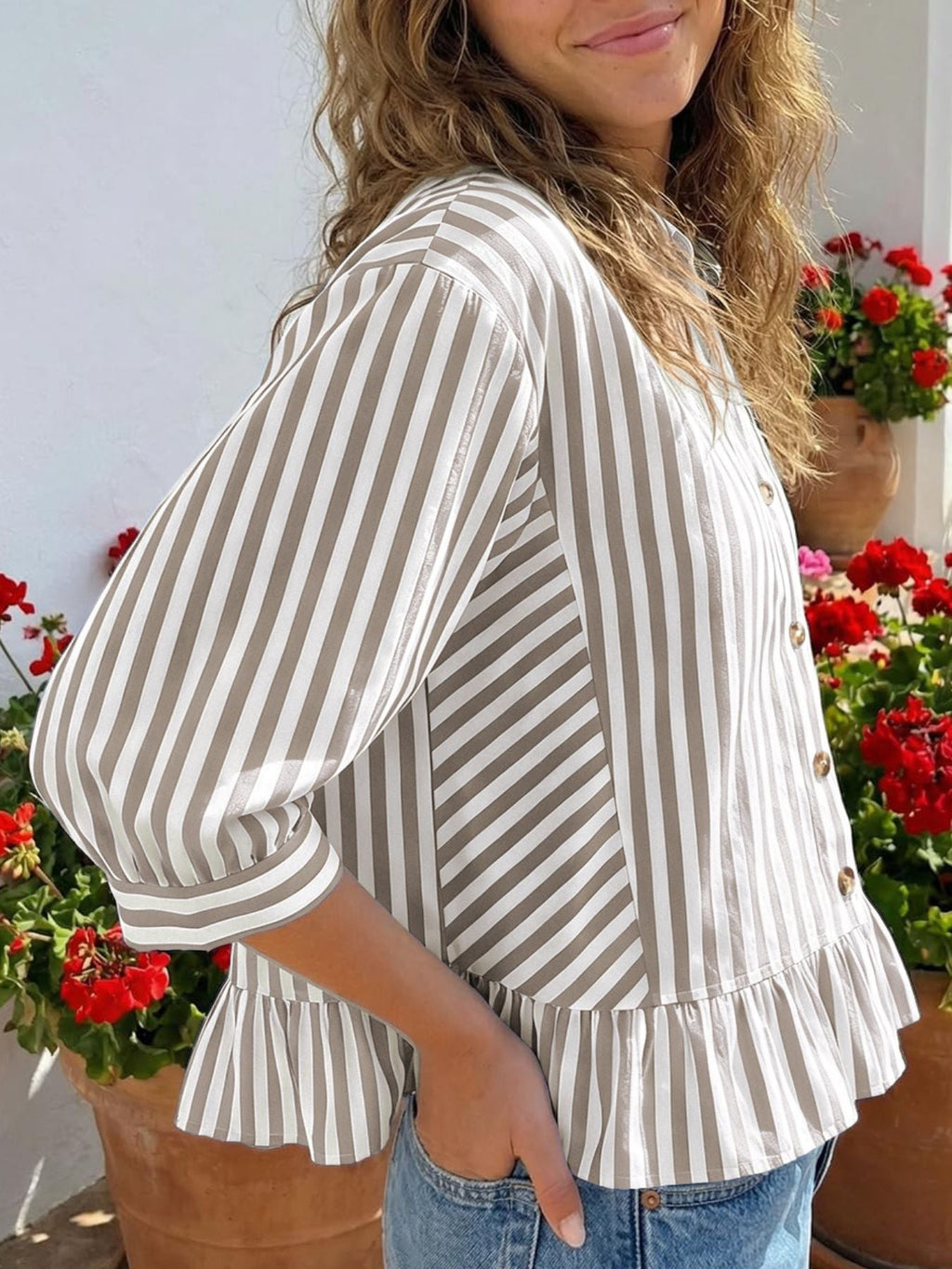 Striped Ruffle Hem Button-Down Shirt