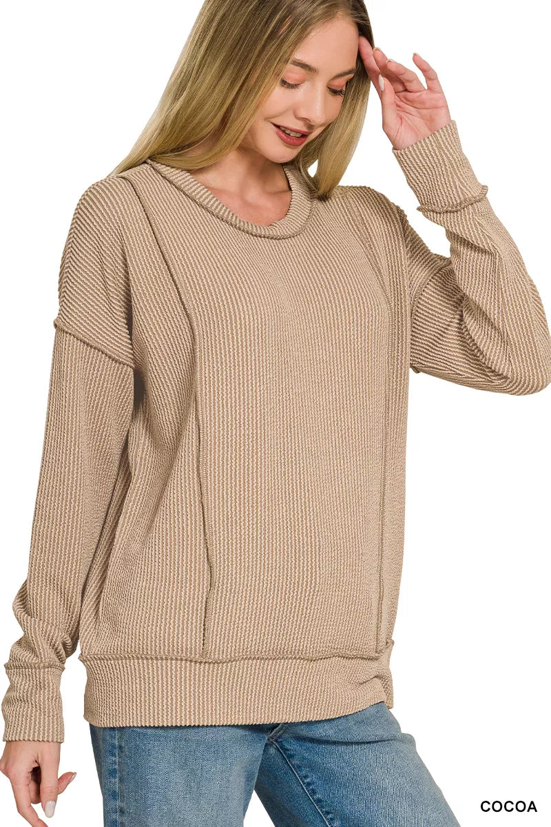 Zenana Corded Rib Long Sleeve Round Neck Top