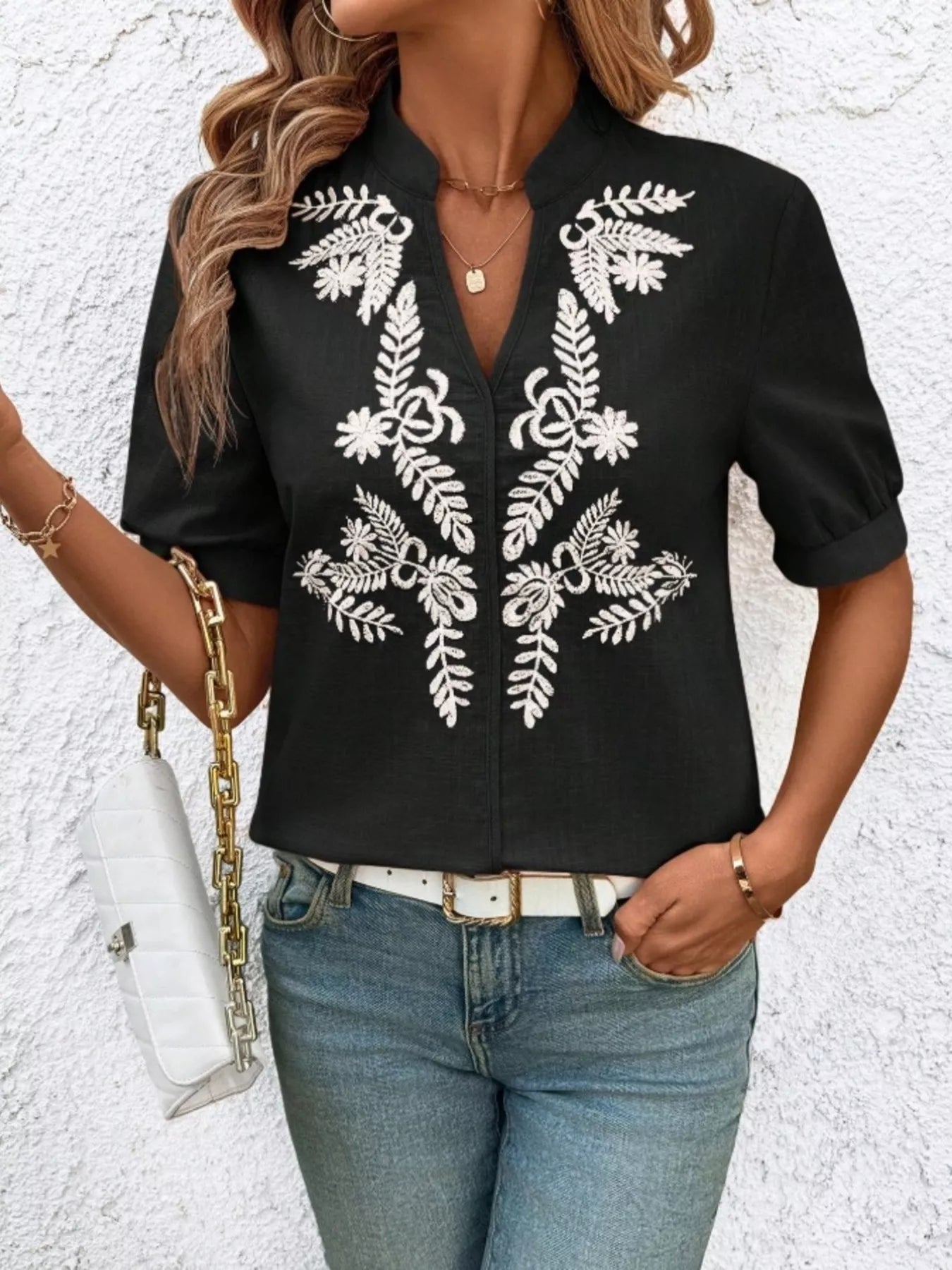 Embroidered Notched Short Sleeve Blouse