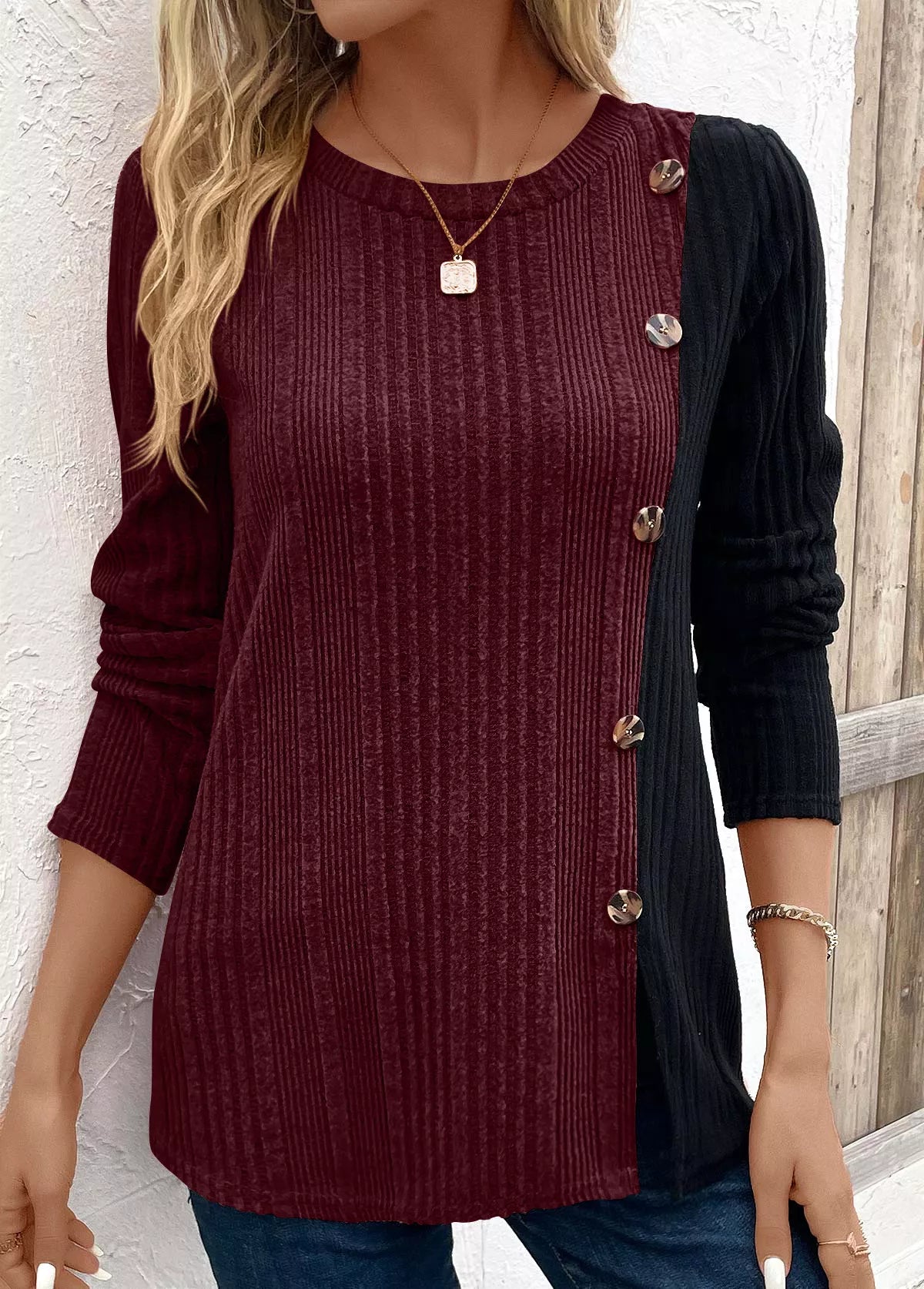 Color Block Ribbed Knit Decor Button T-Shirt