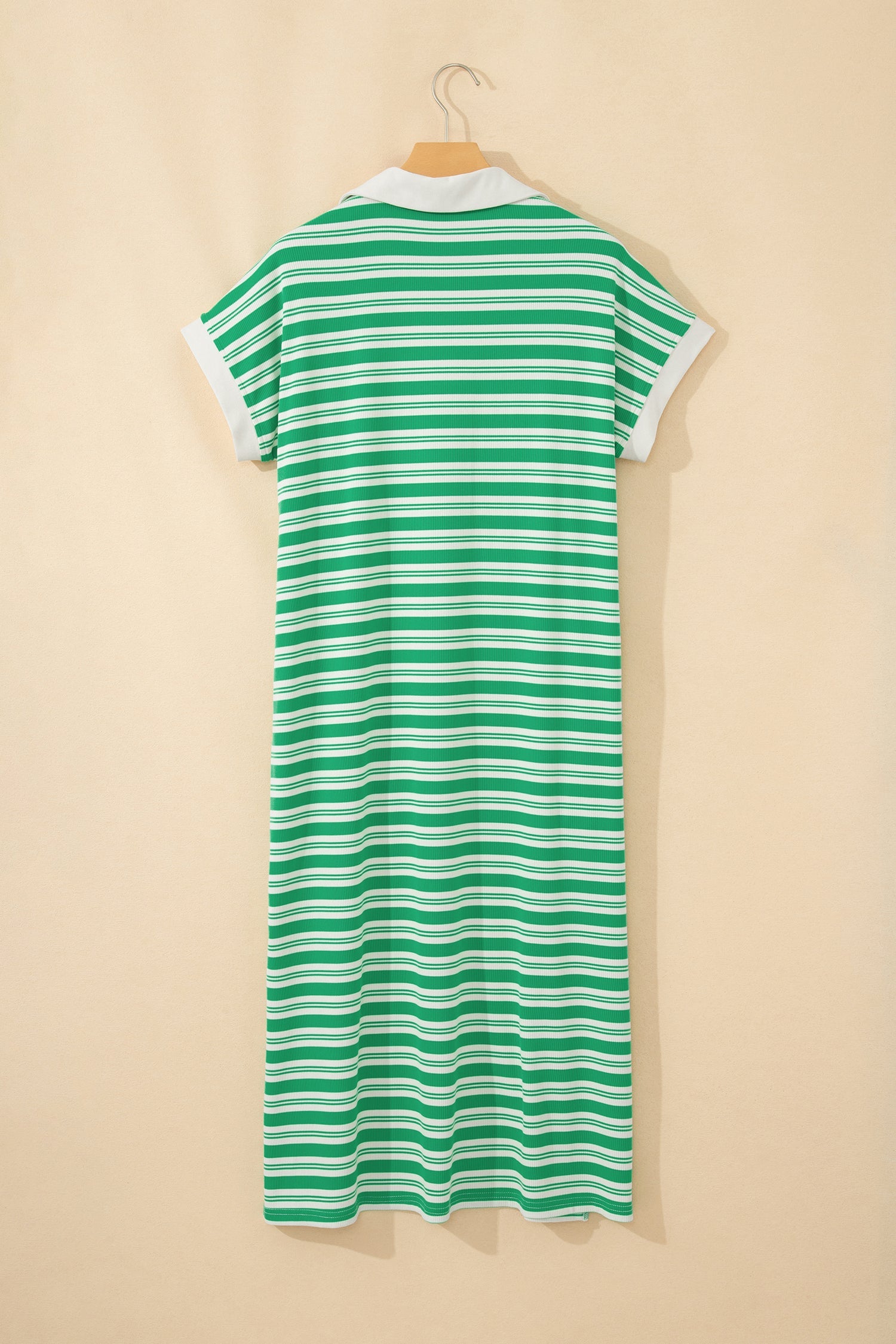 Stripe Collared V-Neck Short Sleeve Midi Dress