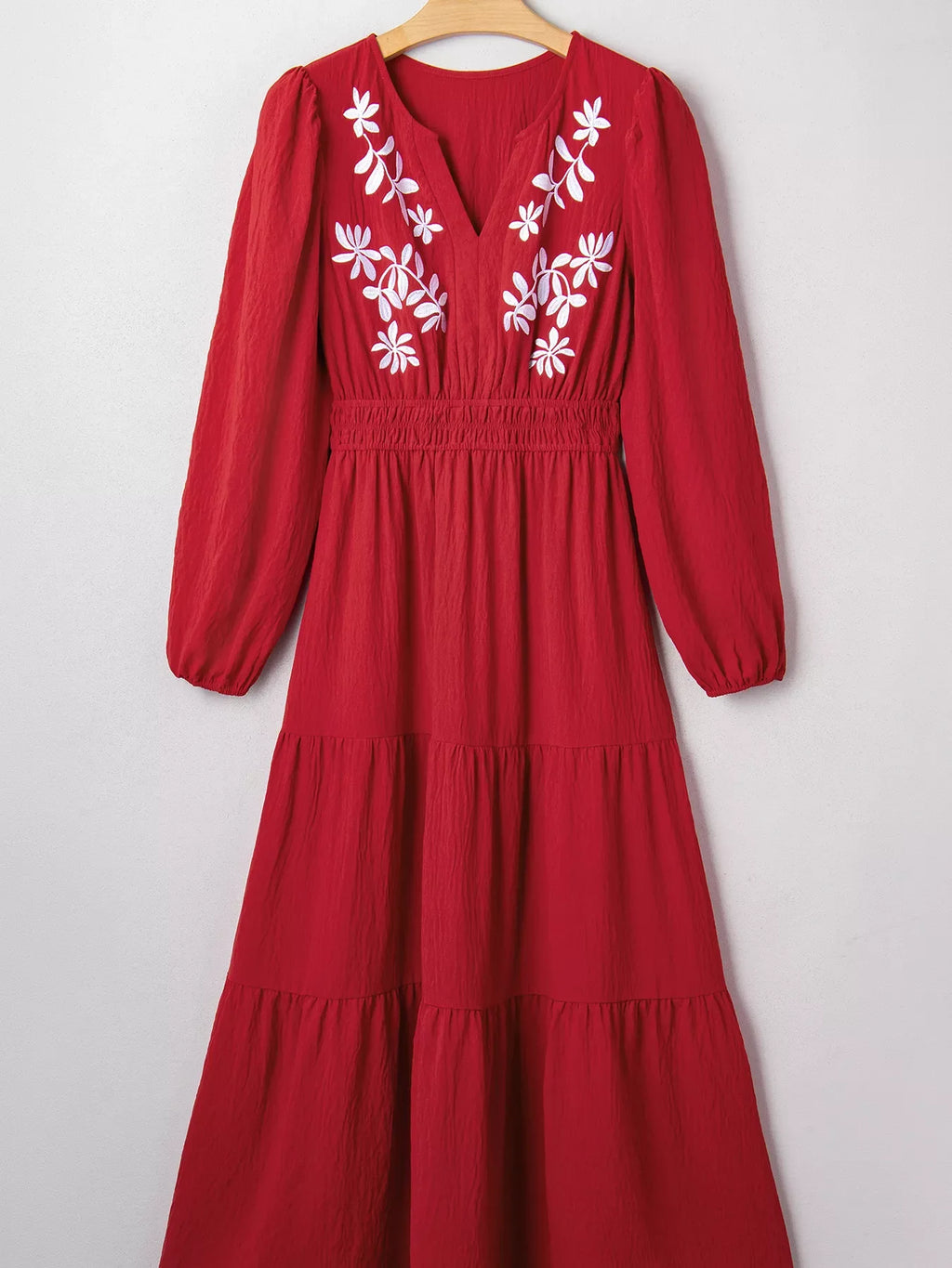 Contrast Embroidered Detail Cinched Waist Tiered Long Sleeve Maxi Dress