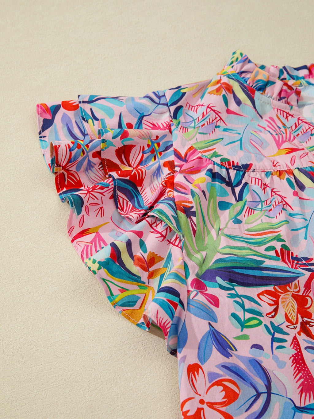 Tropical Floral Print Frilly Notched Neck Ruffled Short Sleeve Blouse