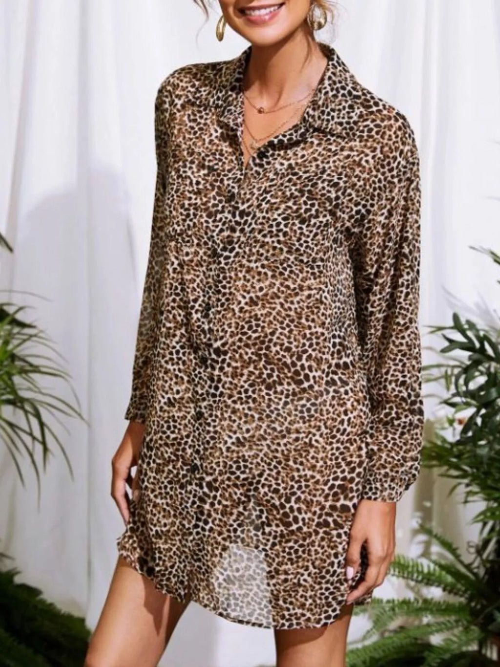 Leopard Print Button-Up Long Sleeve Oversized Shirt