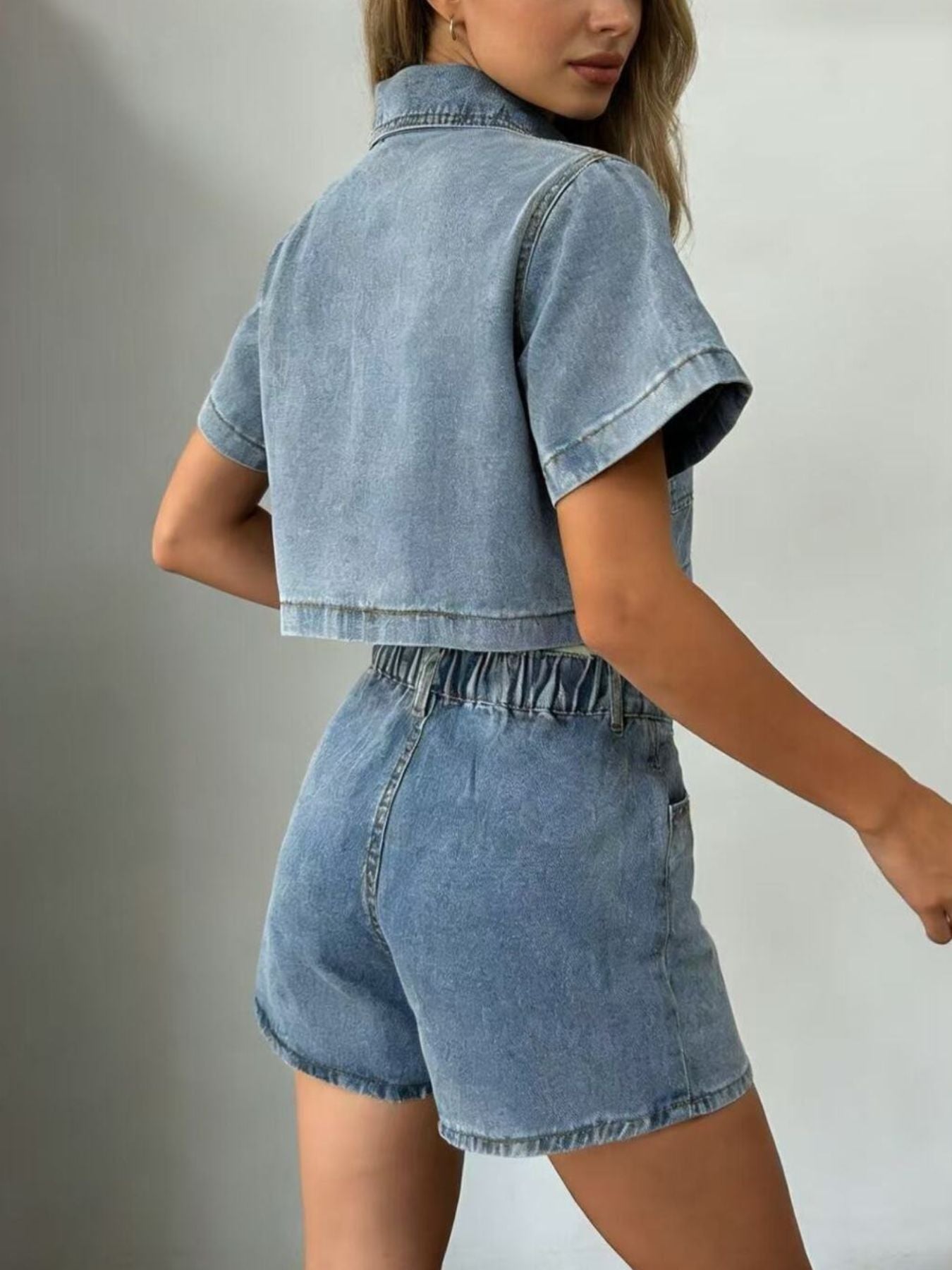 Short Sleeve Cropped Top and Skort Denim Set